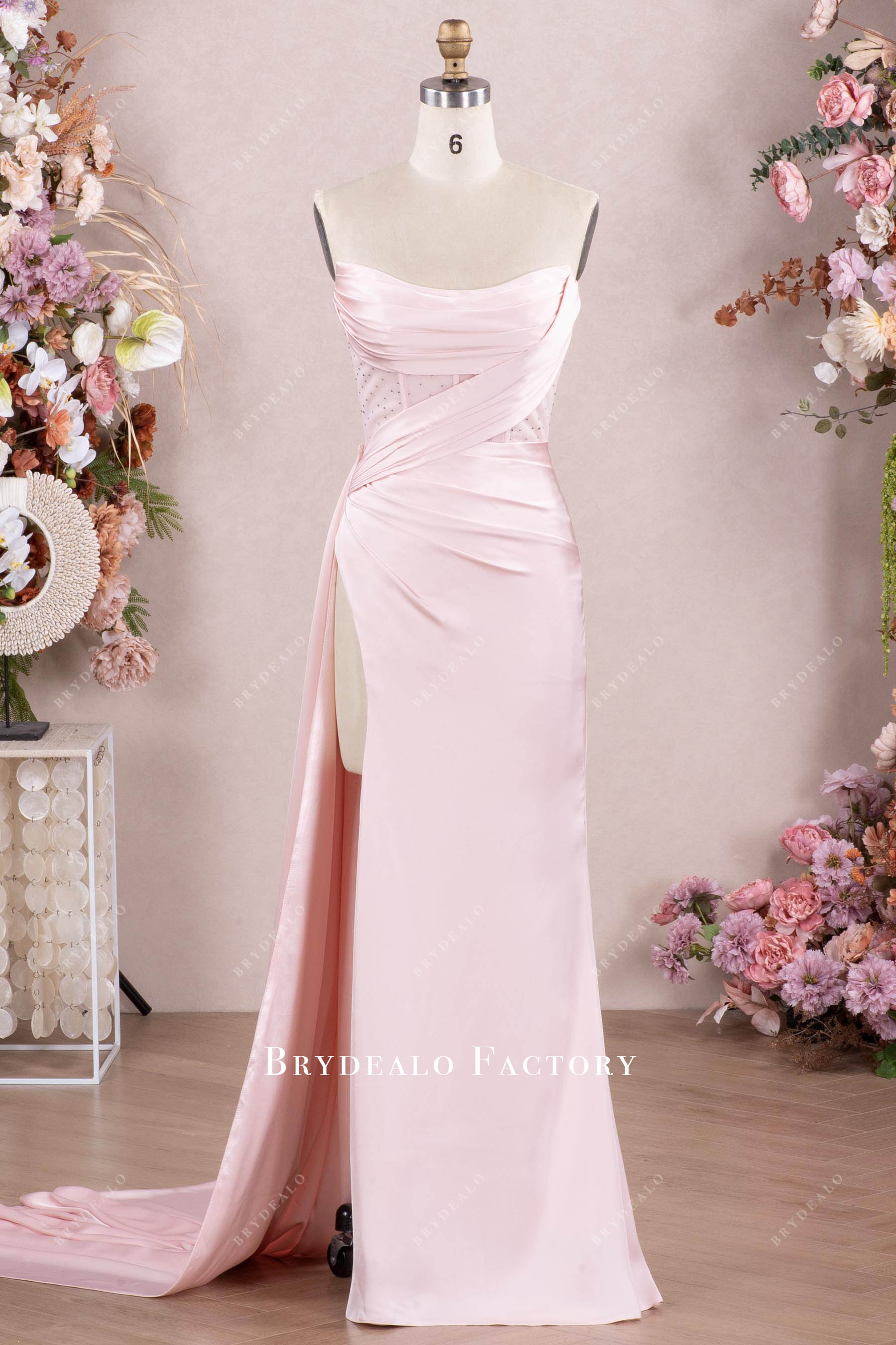 blush pink corset panel slit prom dress