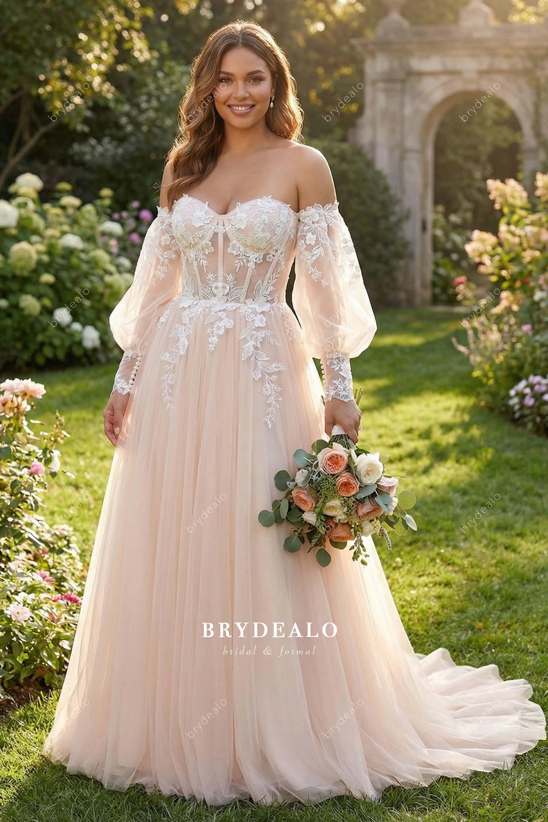 blush pink off shoulder a line wedding dress