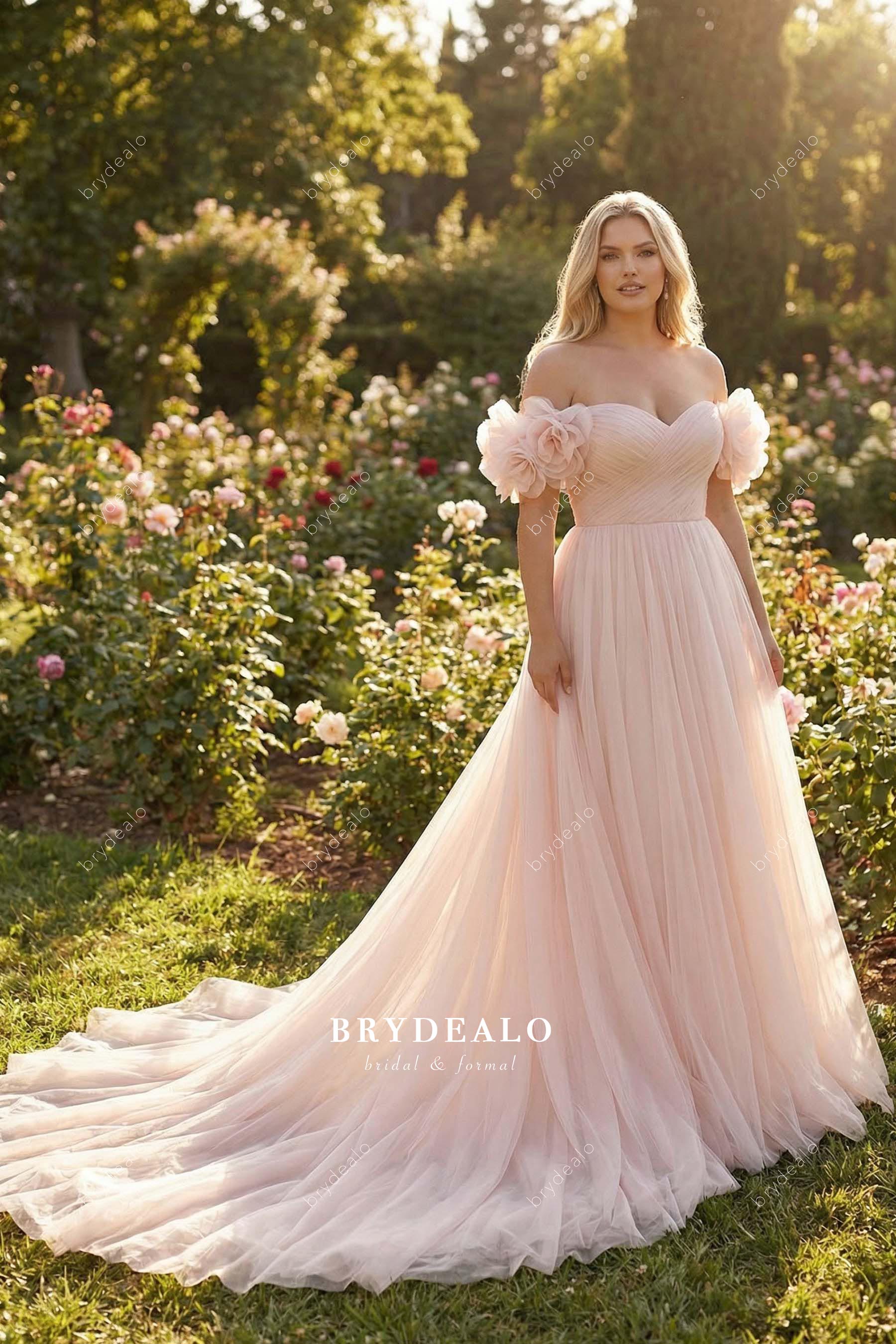 blush pleated tulle A-line wedding dress