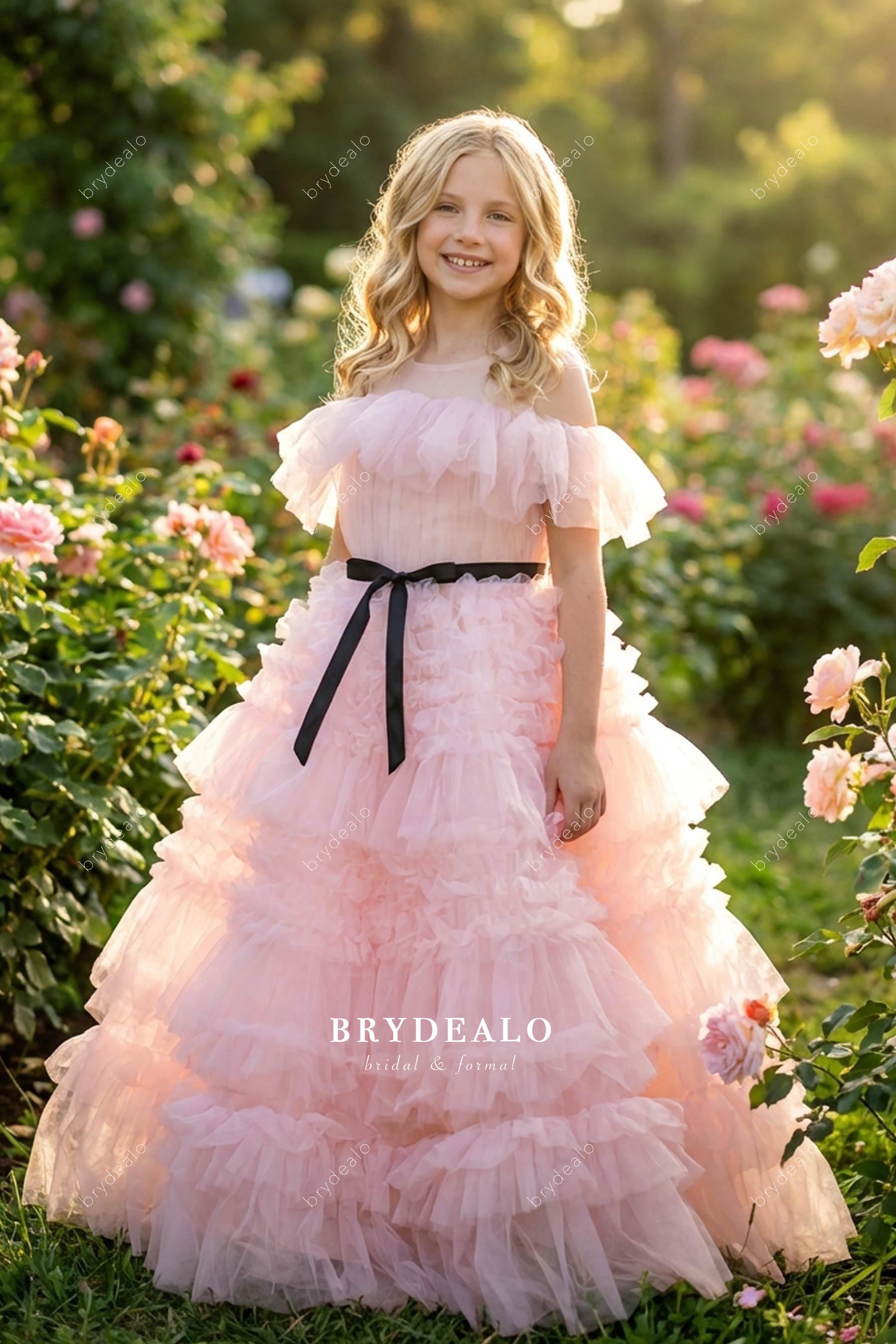 blush tiered off-shoulder kid dress