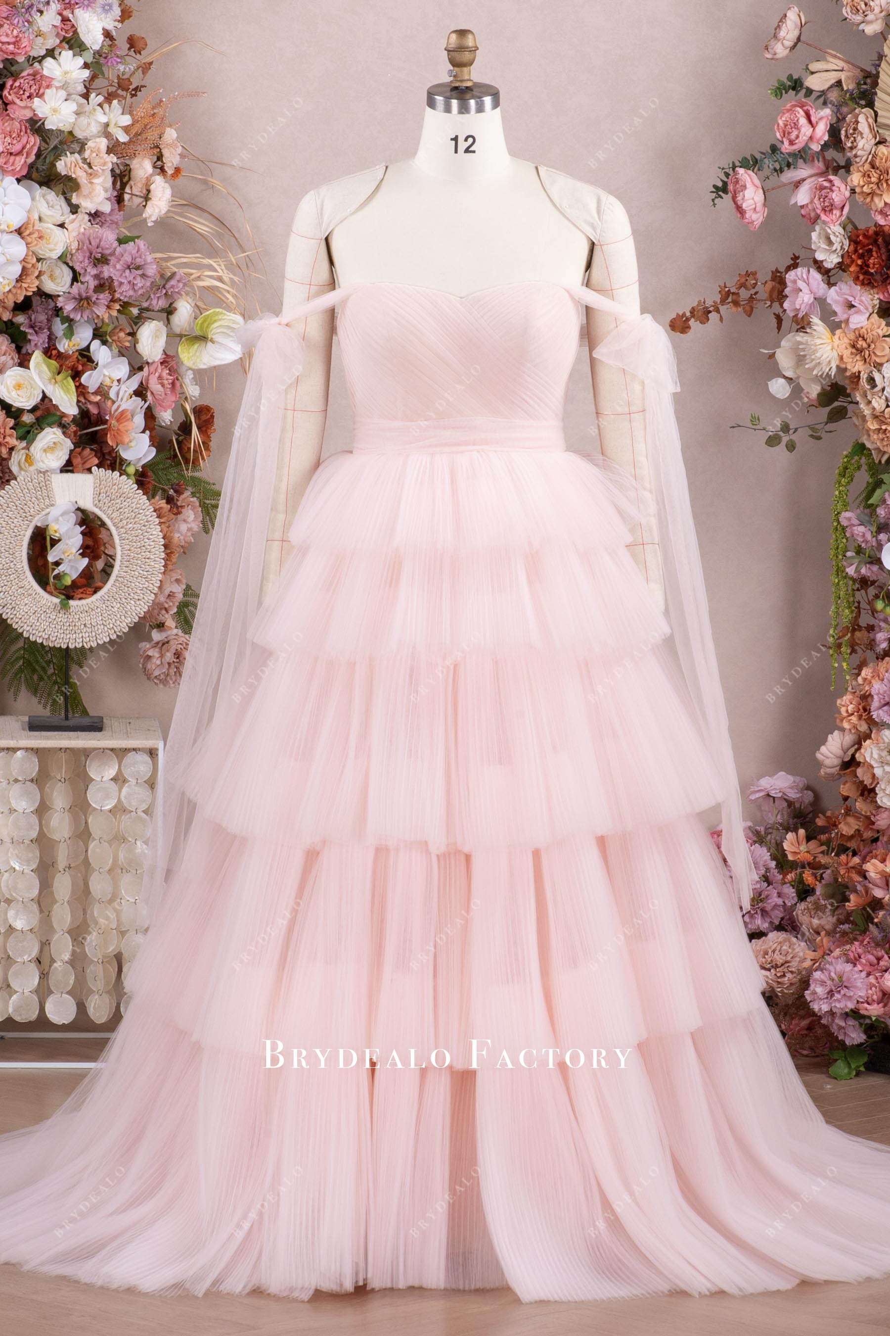 blushing off-shoulder tulle layered wedding dress