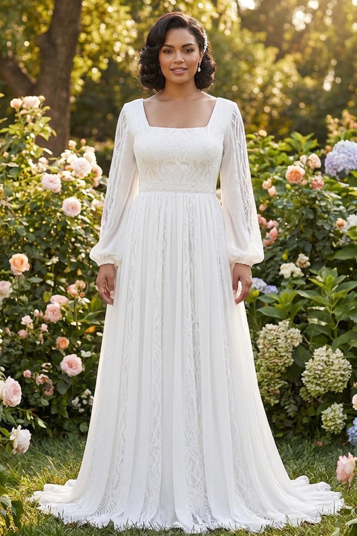 bohemian sleeved lace chiffon wedding dress