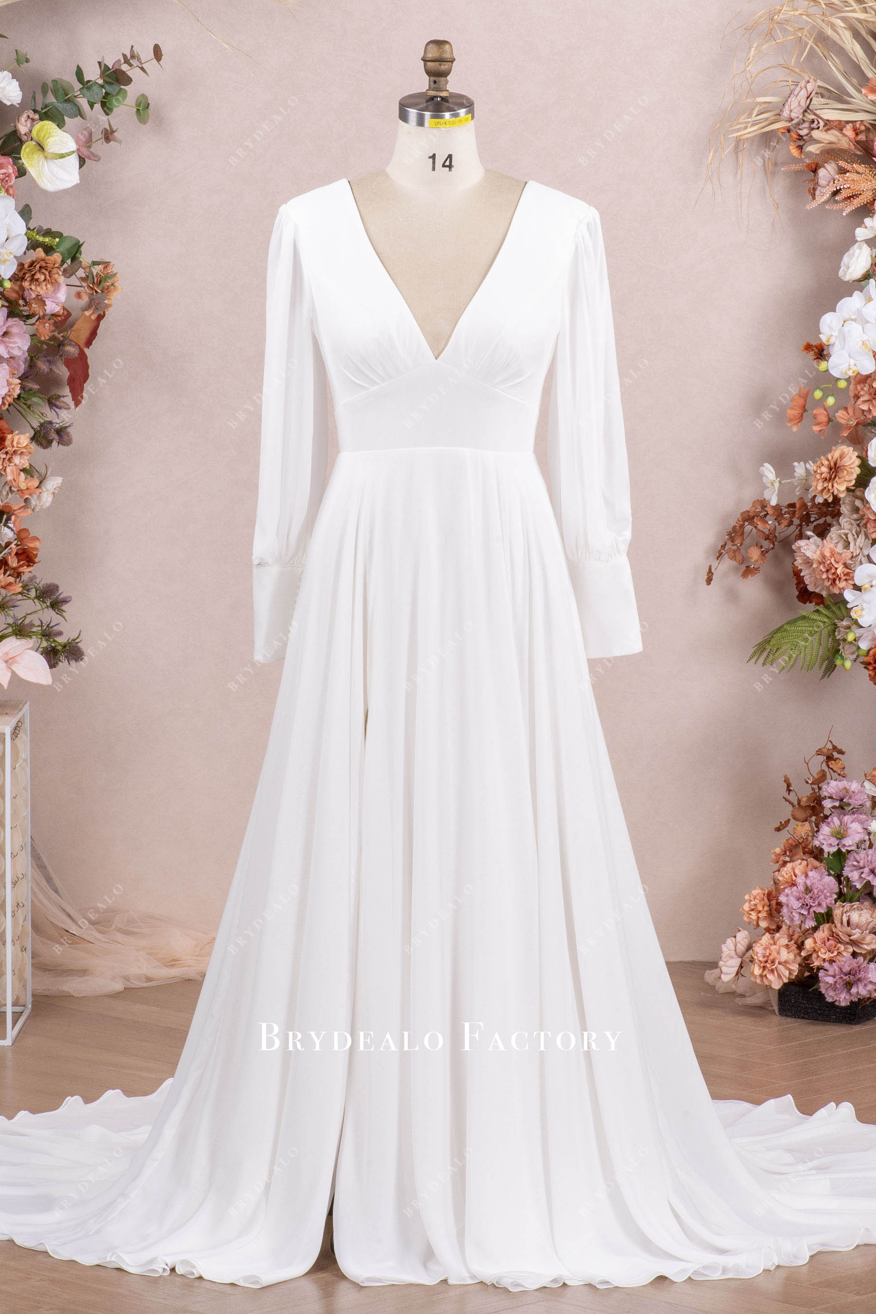 Boho Bishop Sleeve Flowing Chiffon Slit Wedding Dress