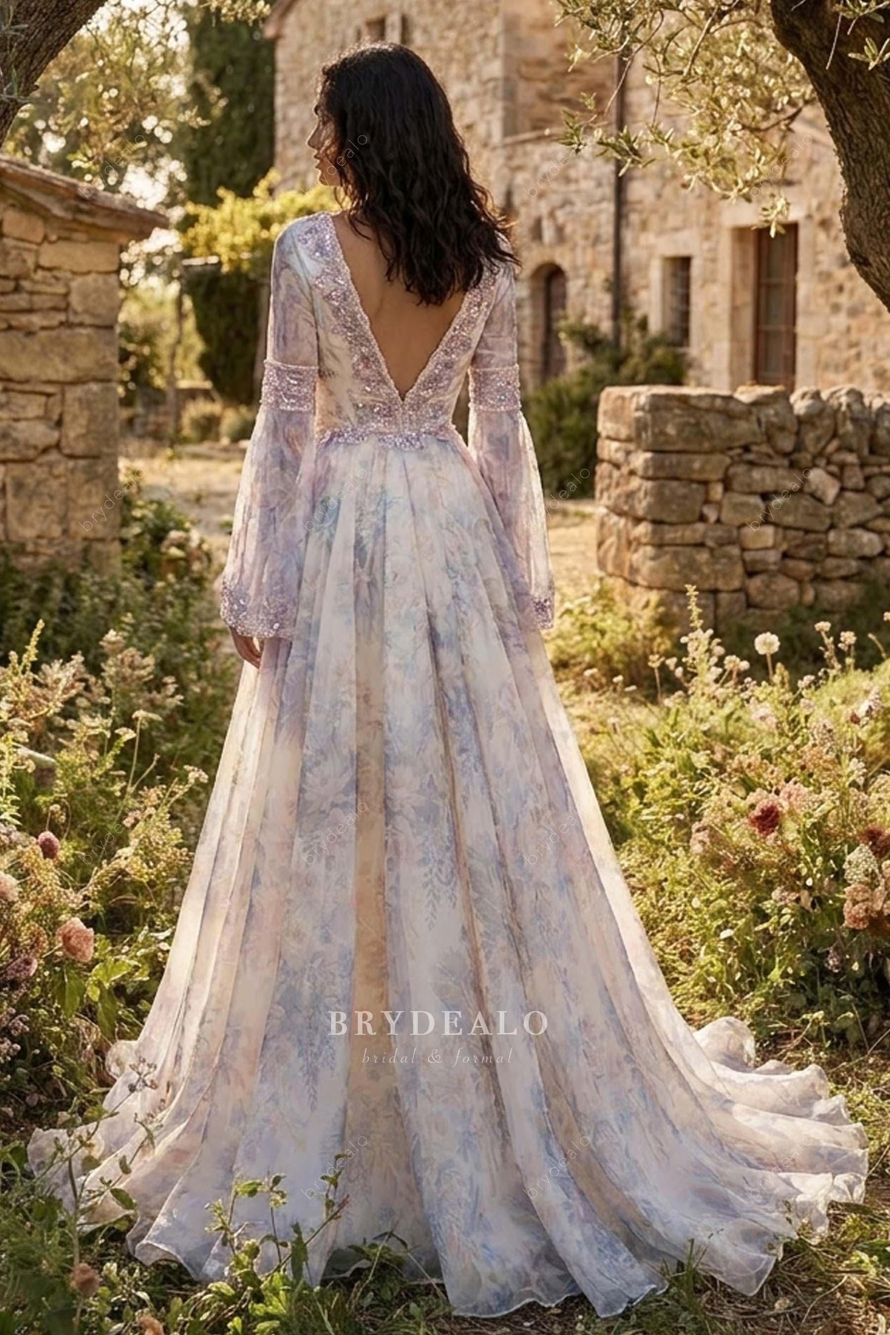 boho floral V-back wedding dress