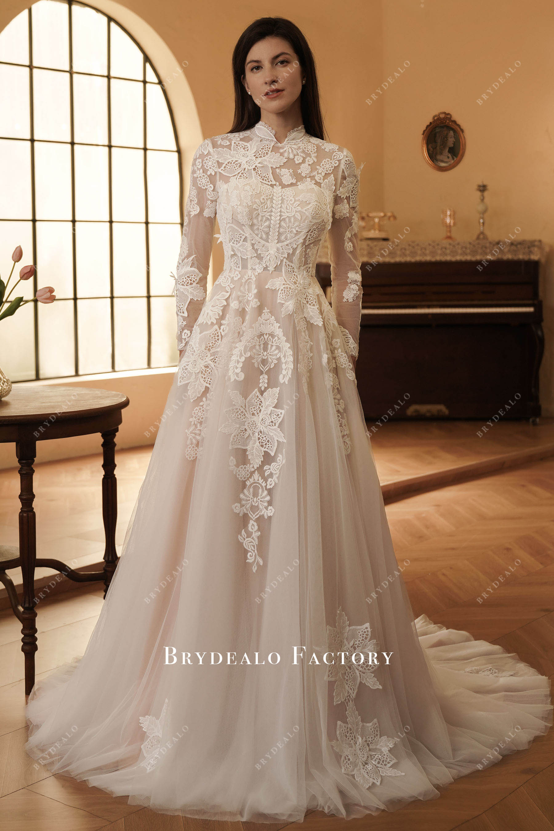 boho high neck lace A-line wedding dress