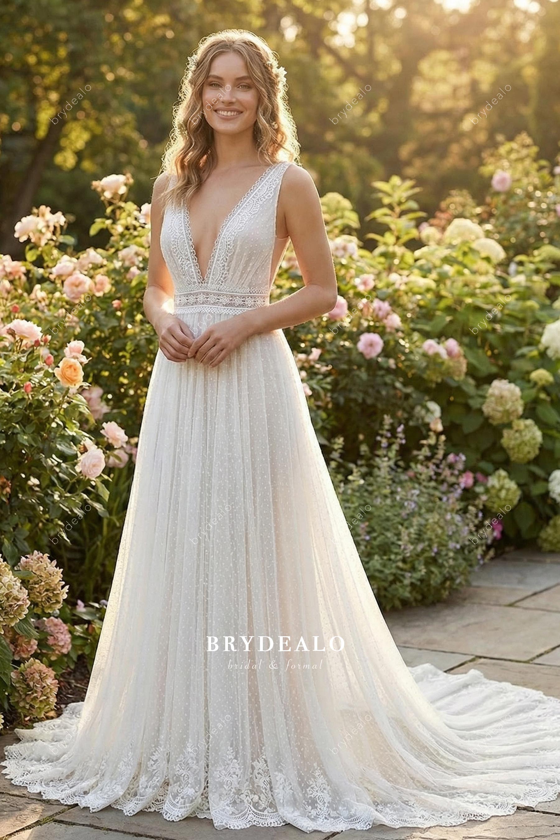 boho lace a line wedding dress