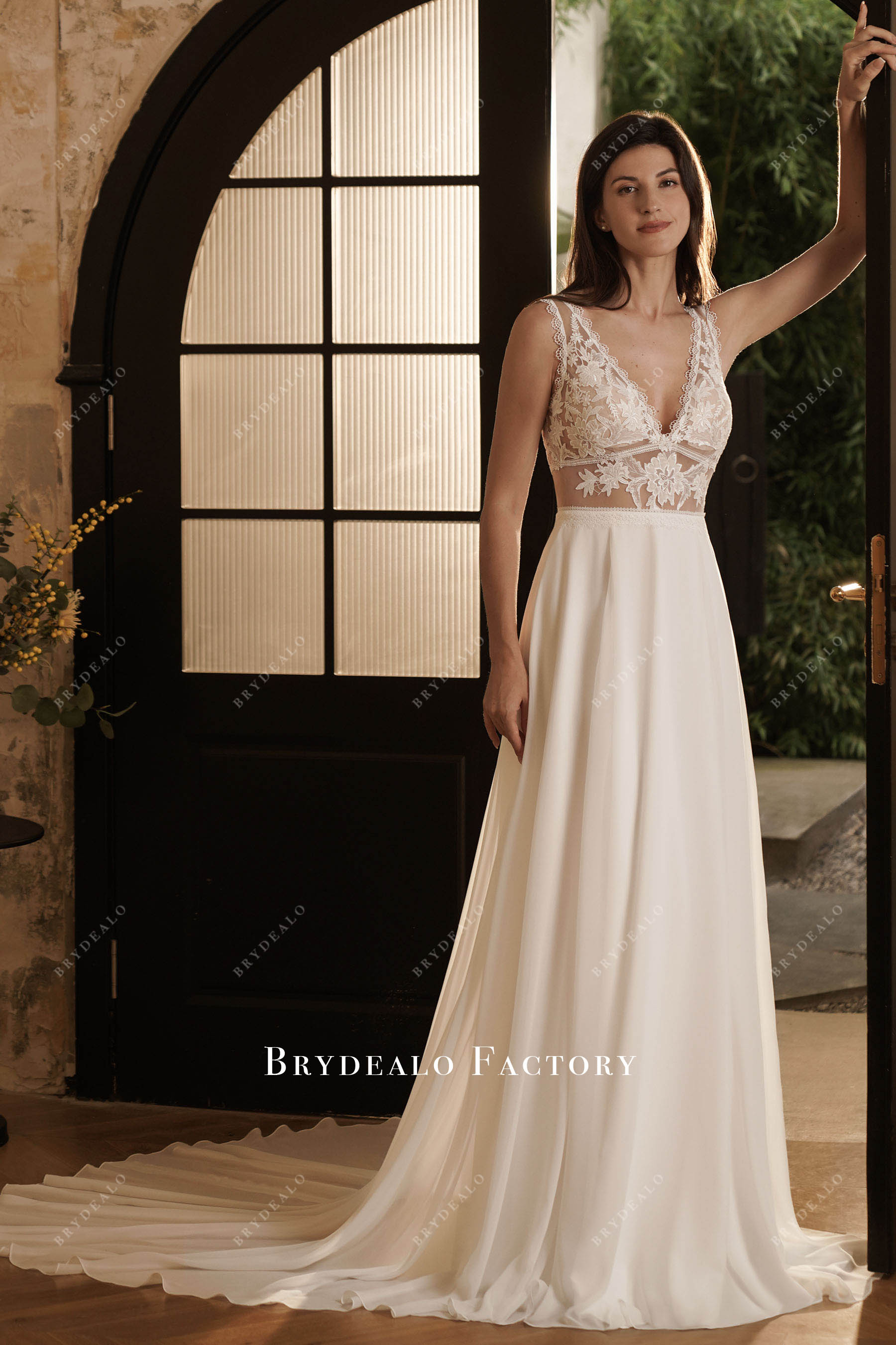 boho lace chiffon Aline wedding dress