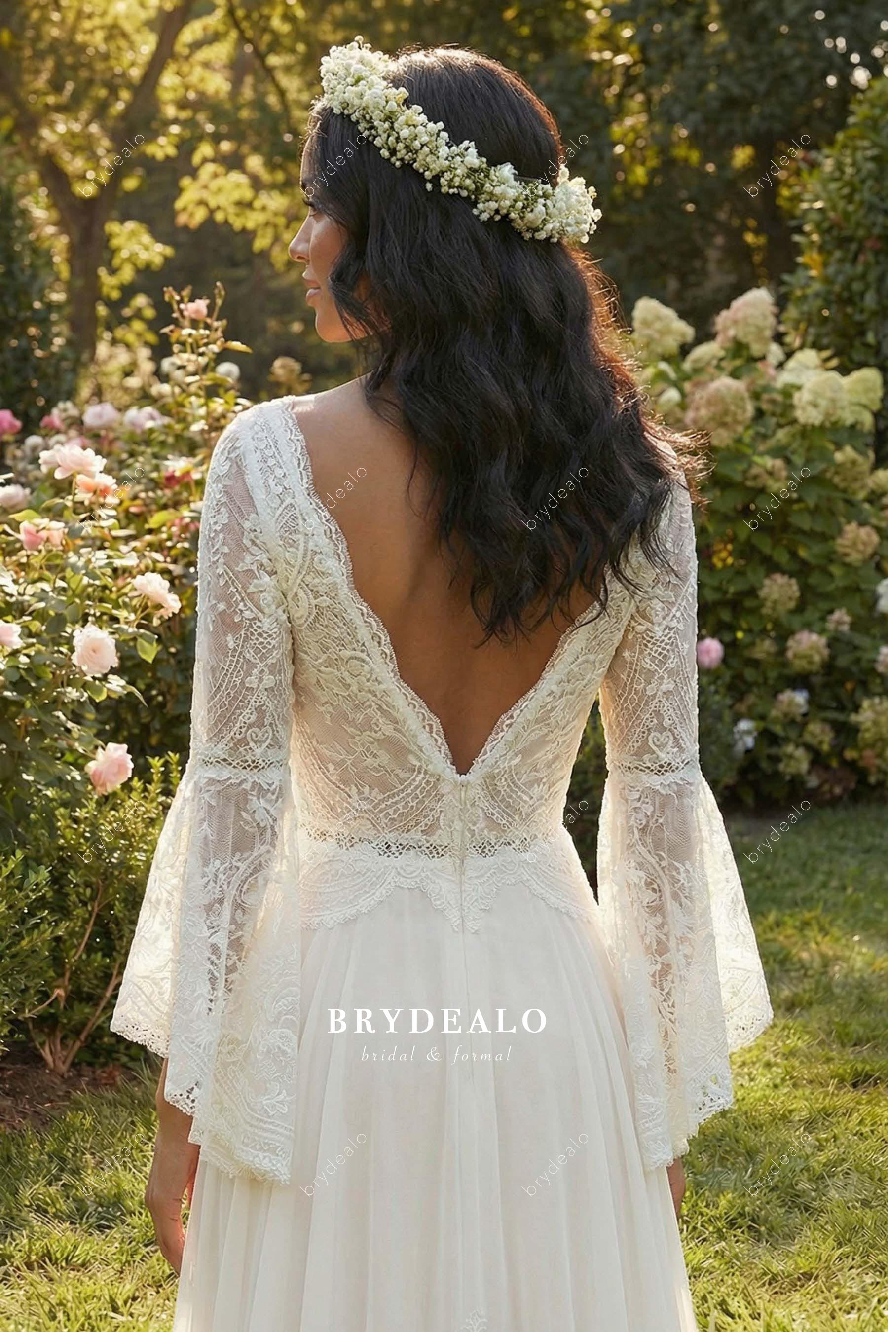 boho lace v back bridal dress