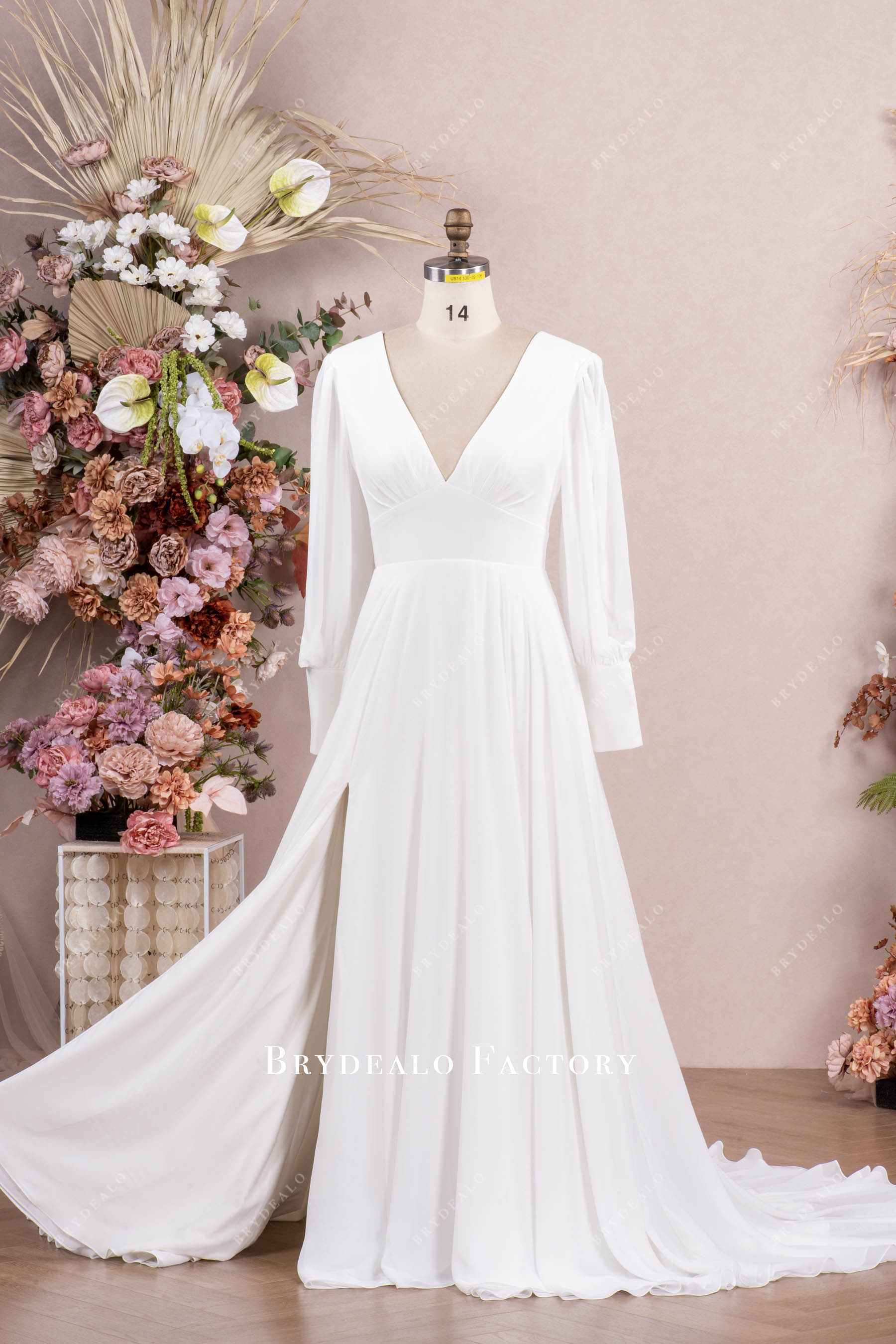 Boho Bishop Sleeve Flowing Chiffon Slit Wedding Dress