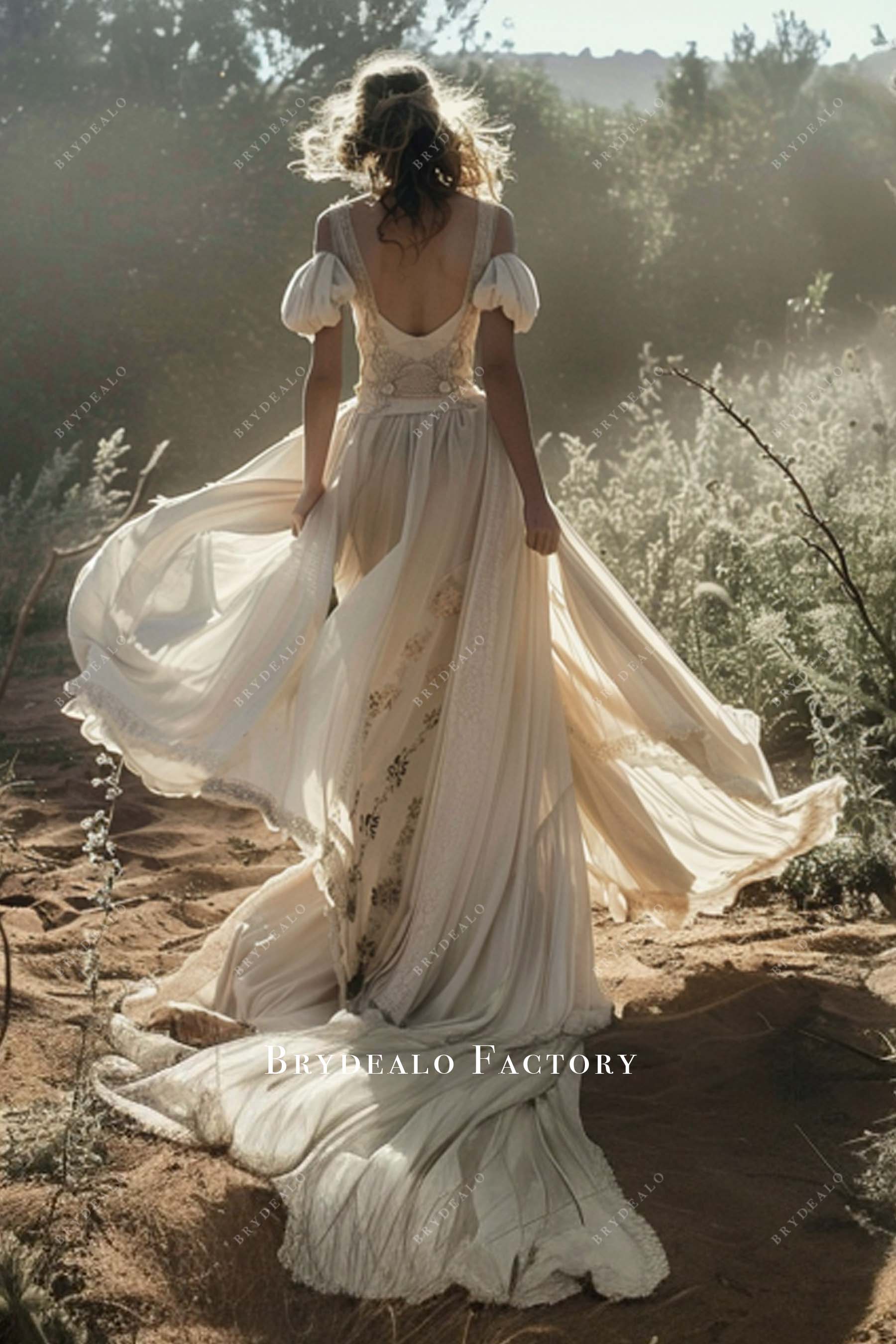Cold Shoulder Open Back Lace Chiffon Boho Wedding Dress