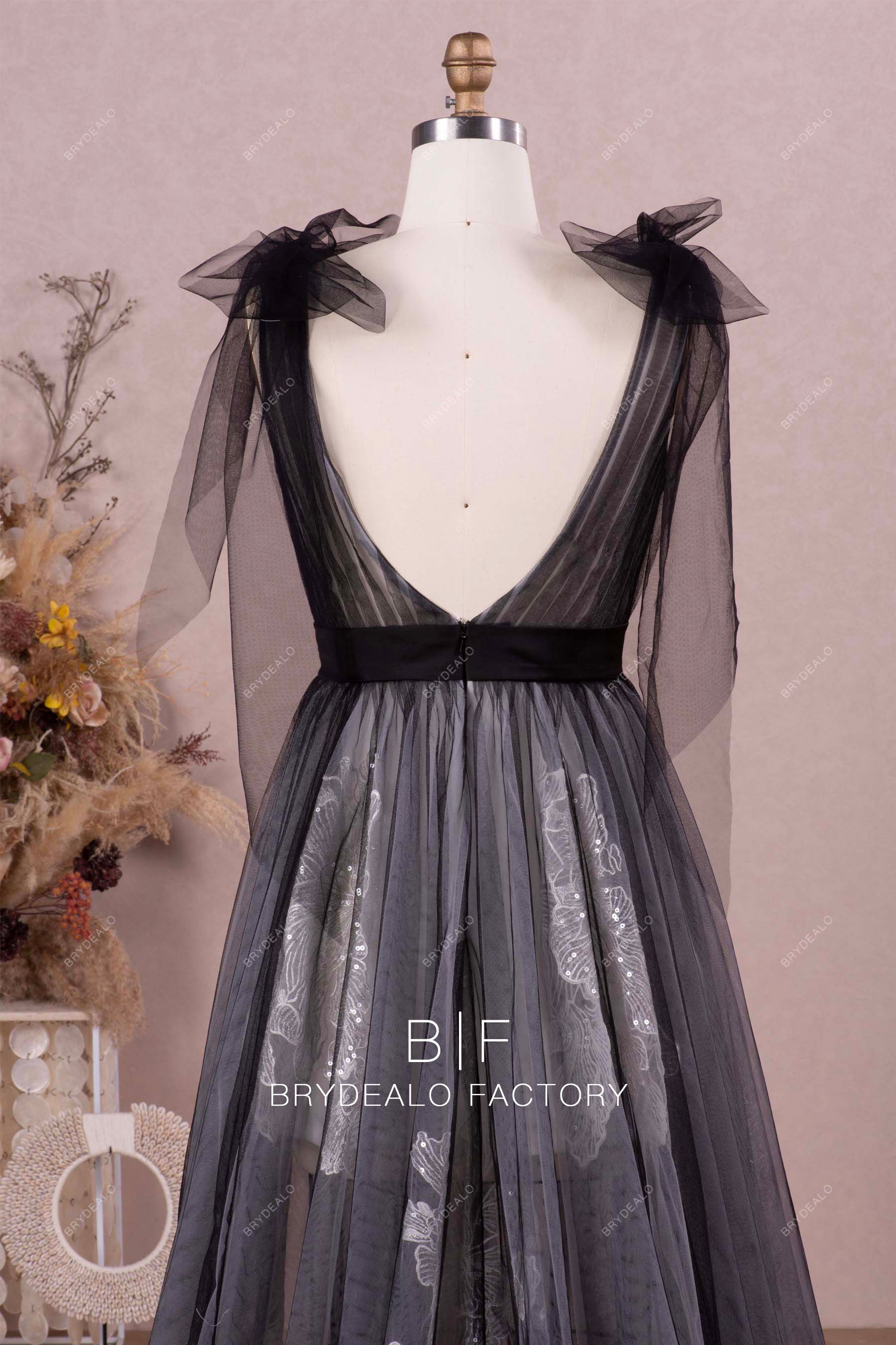 bowknot shoulder black wedding dress