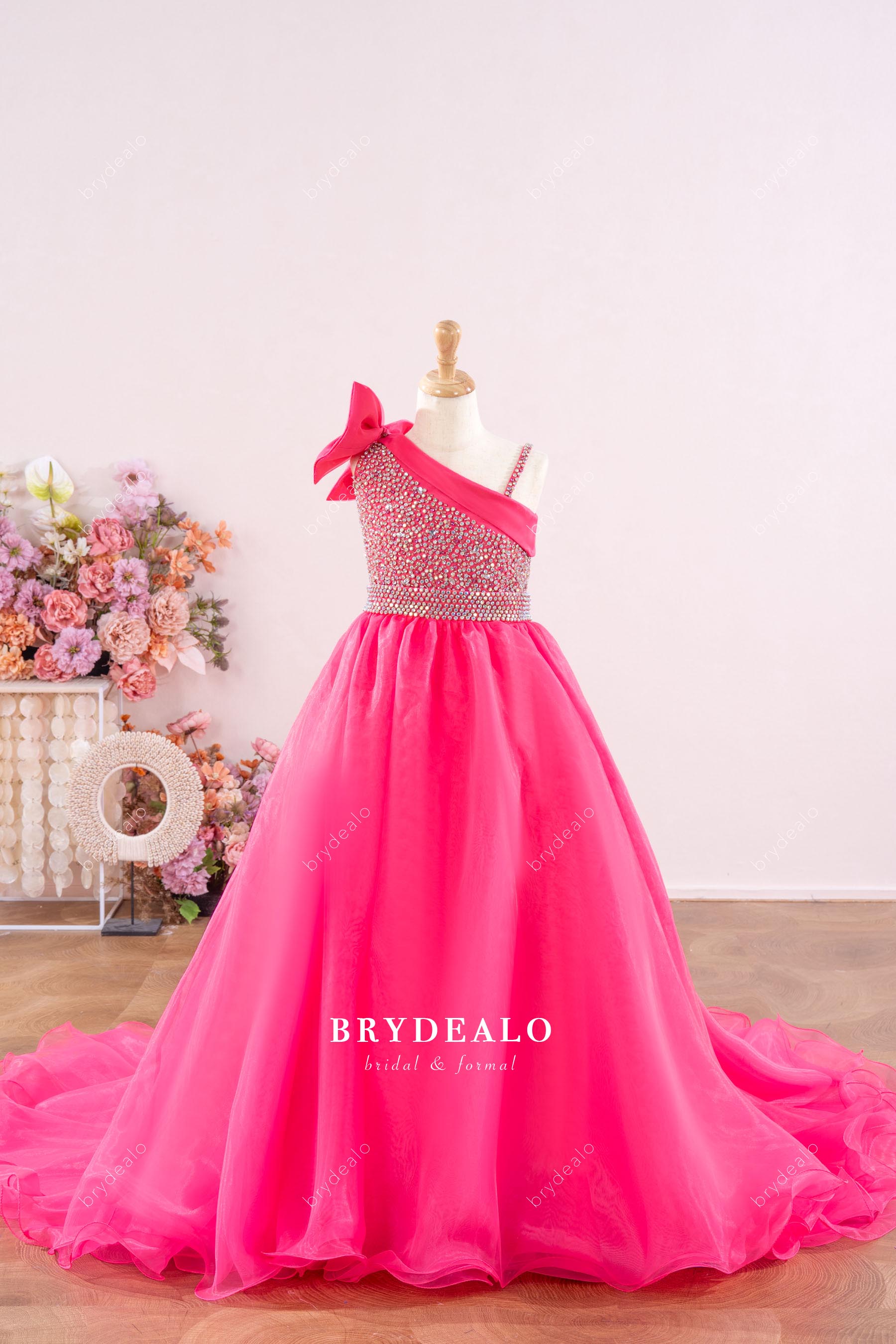 bowknot shoulder teen pageant gown