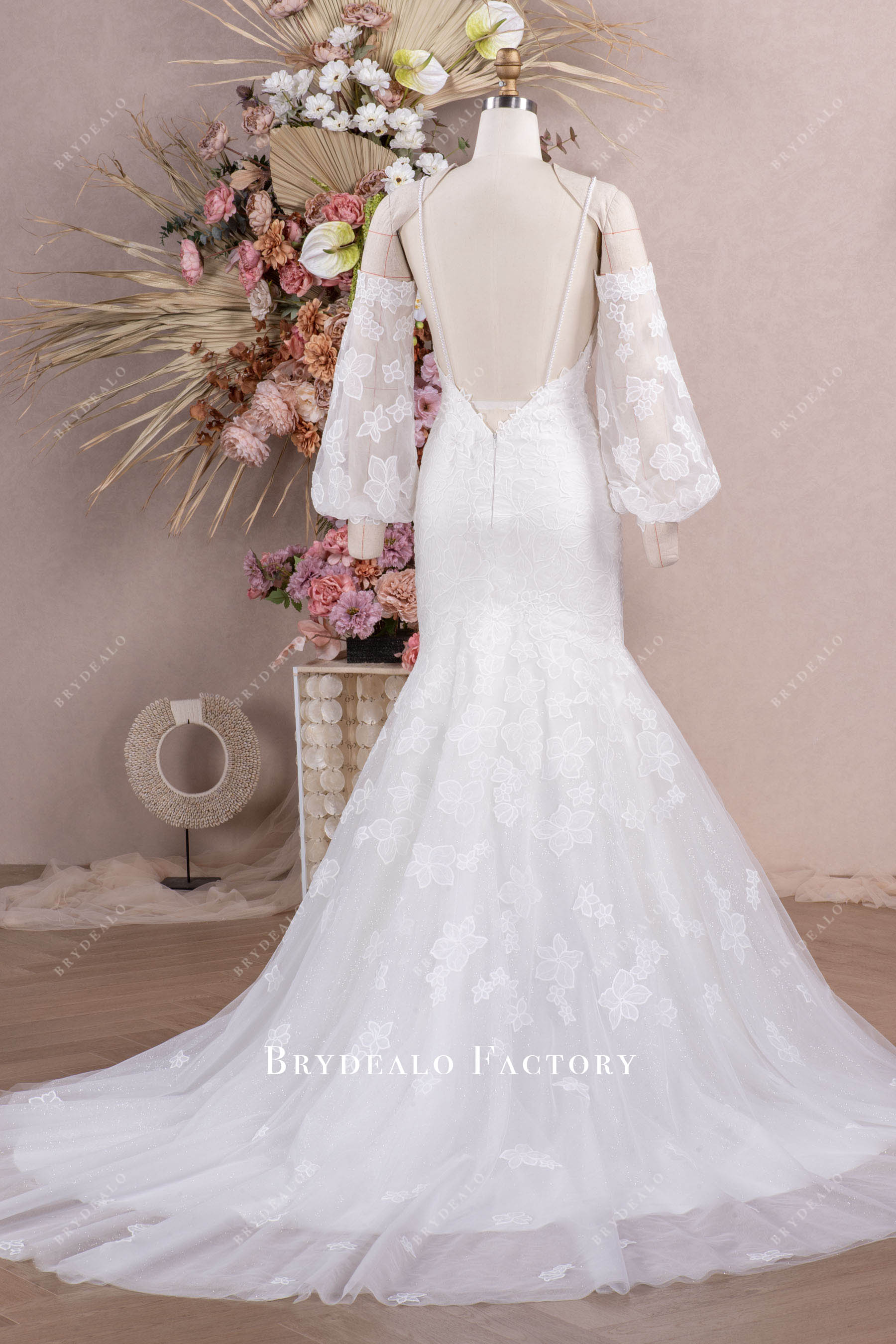 bubble sleeve flower long wedding dress