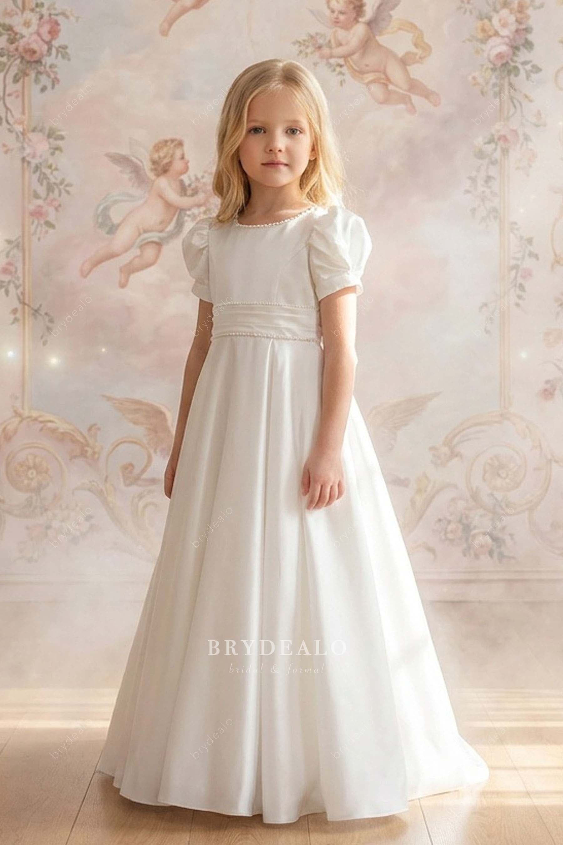 bubble sleeve satin flower girl dress