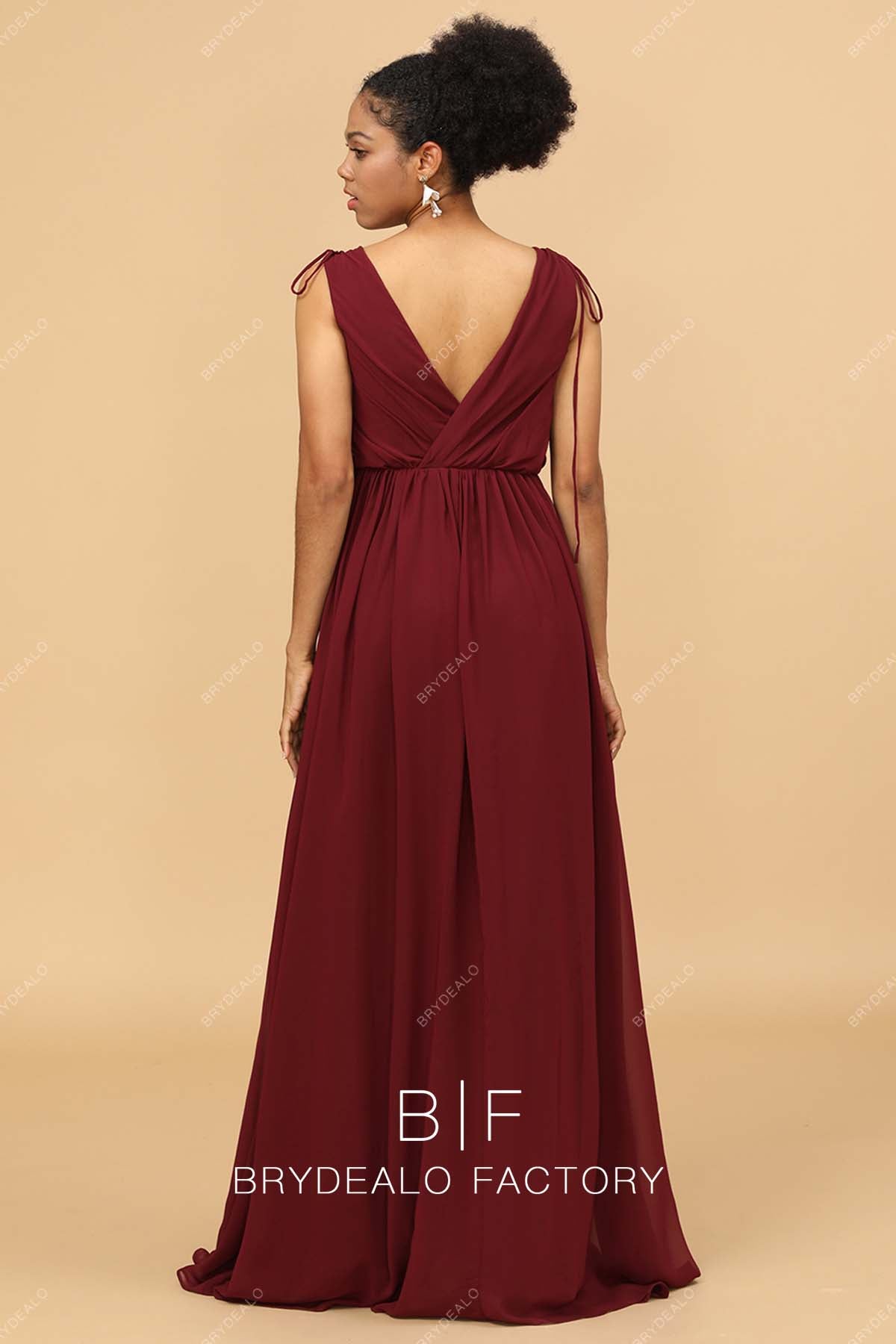 Burgundy Open Back Floor Length Chiffon Bridesmaid Dress