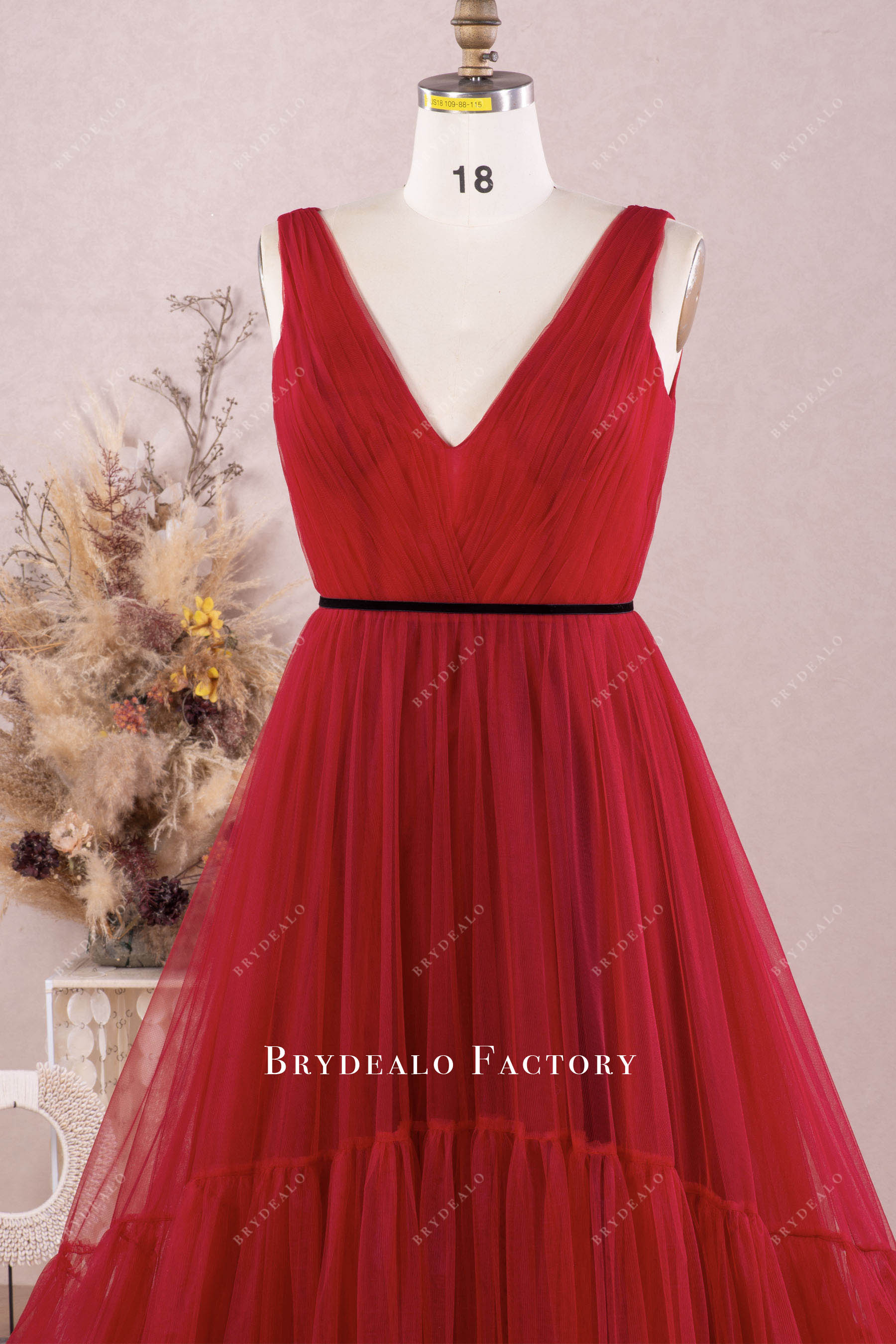 burgundy deep V-neck prom dress