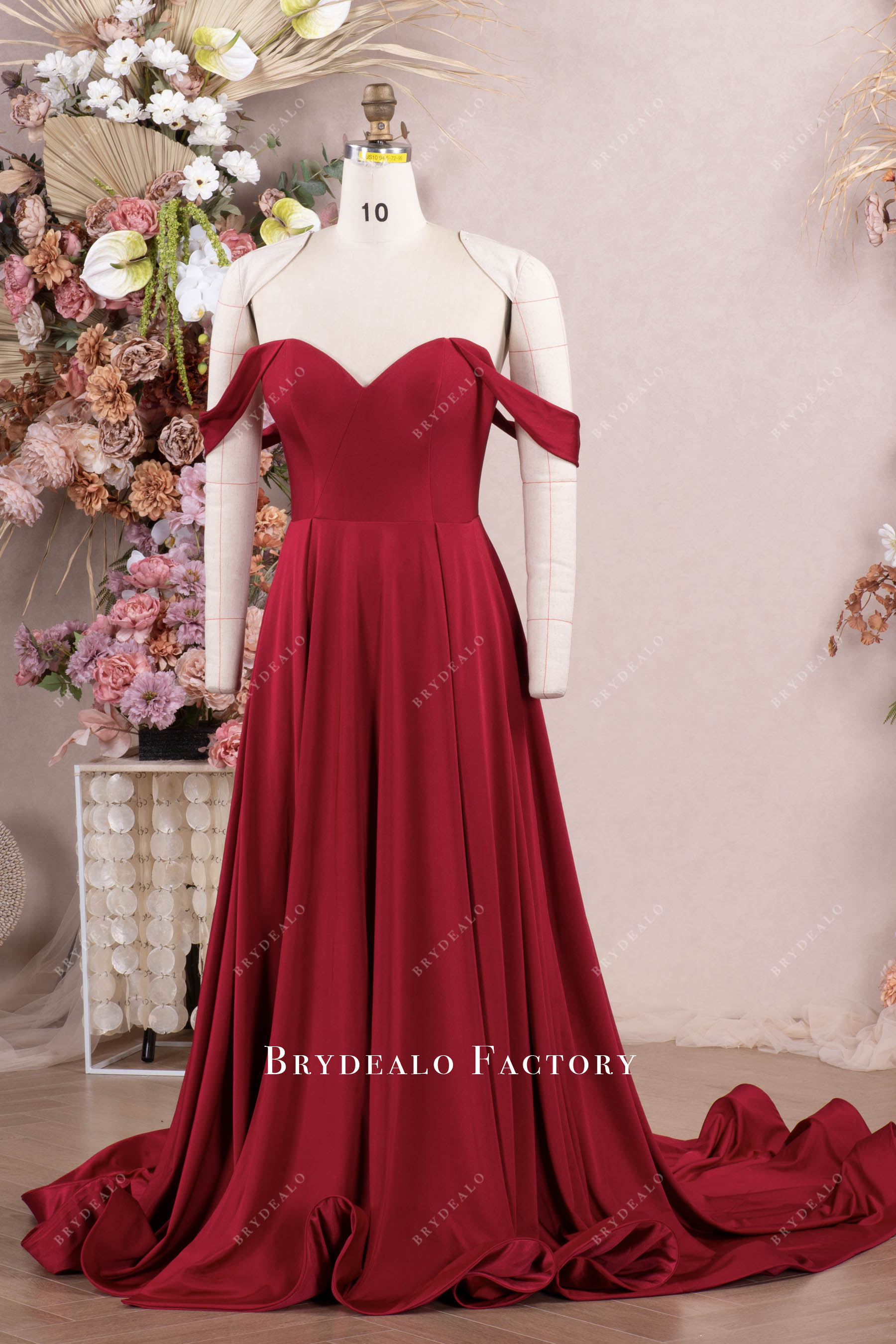 burgundy off-shoulder bridesmaid dress