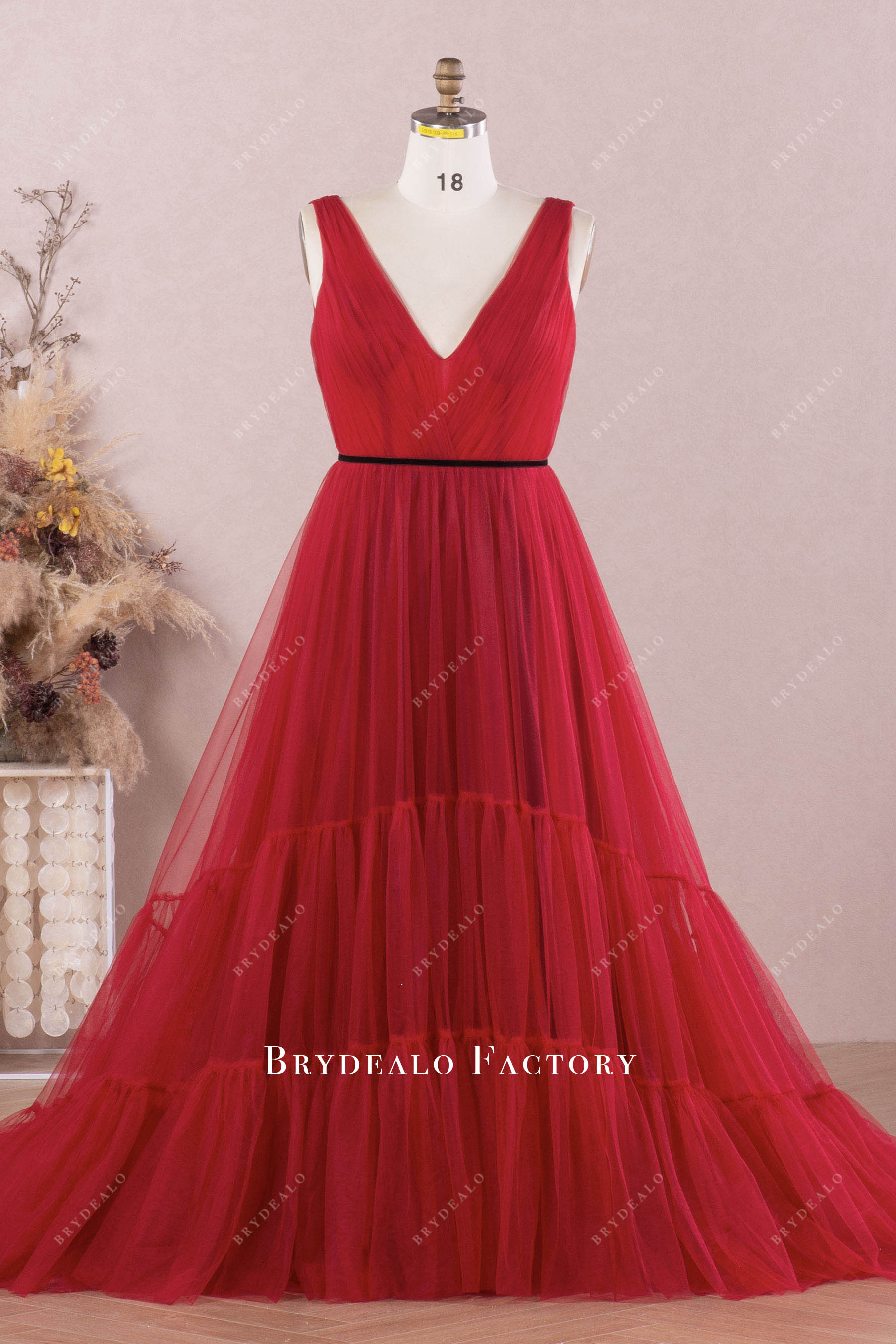 burgundy pleated tulle bridesmaid dress