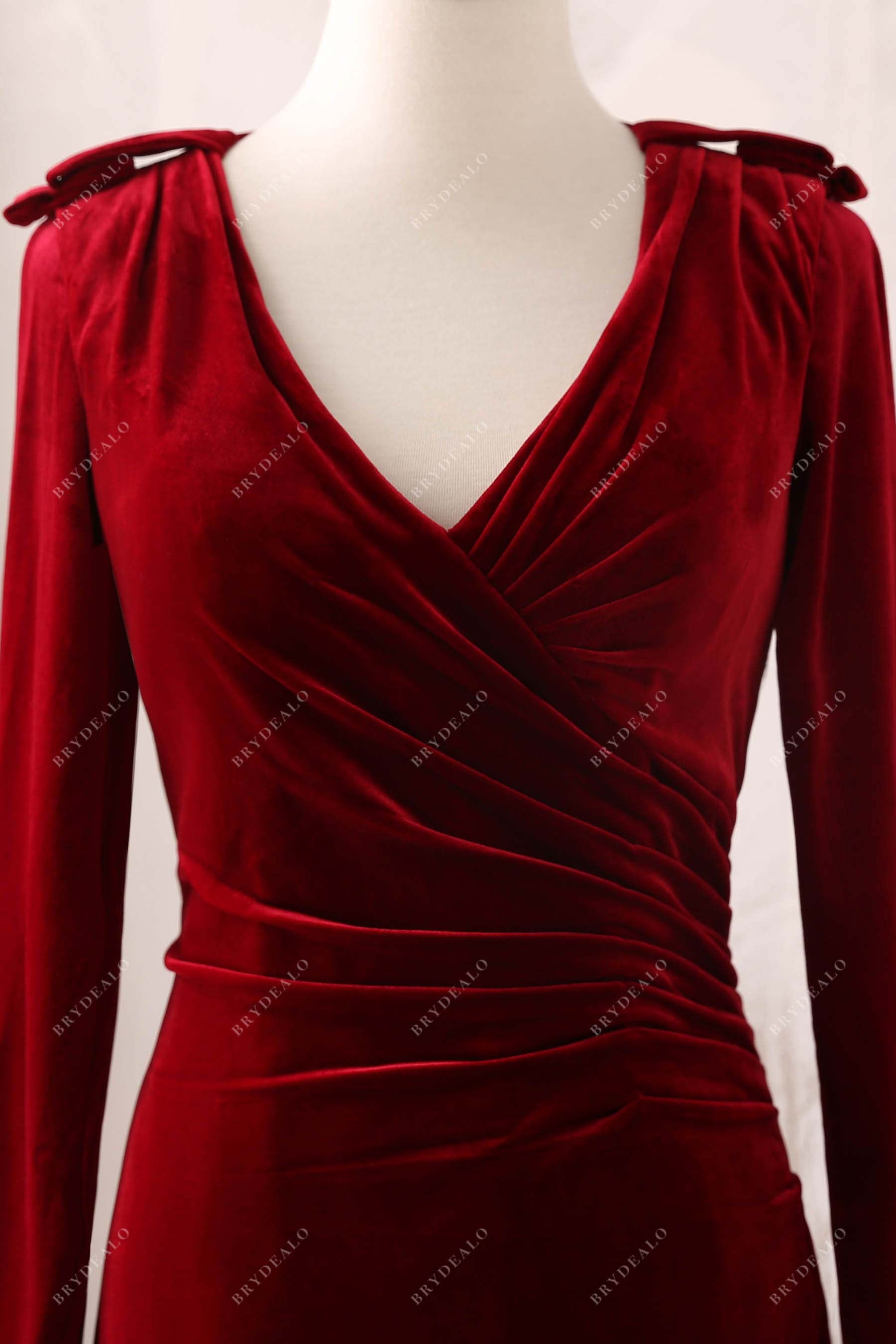 burgundy ruched V-neck prom dress