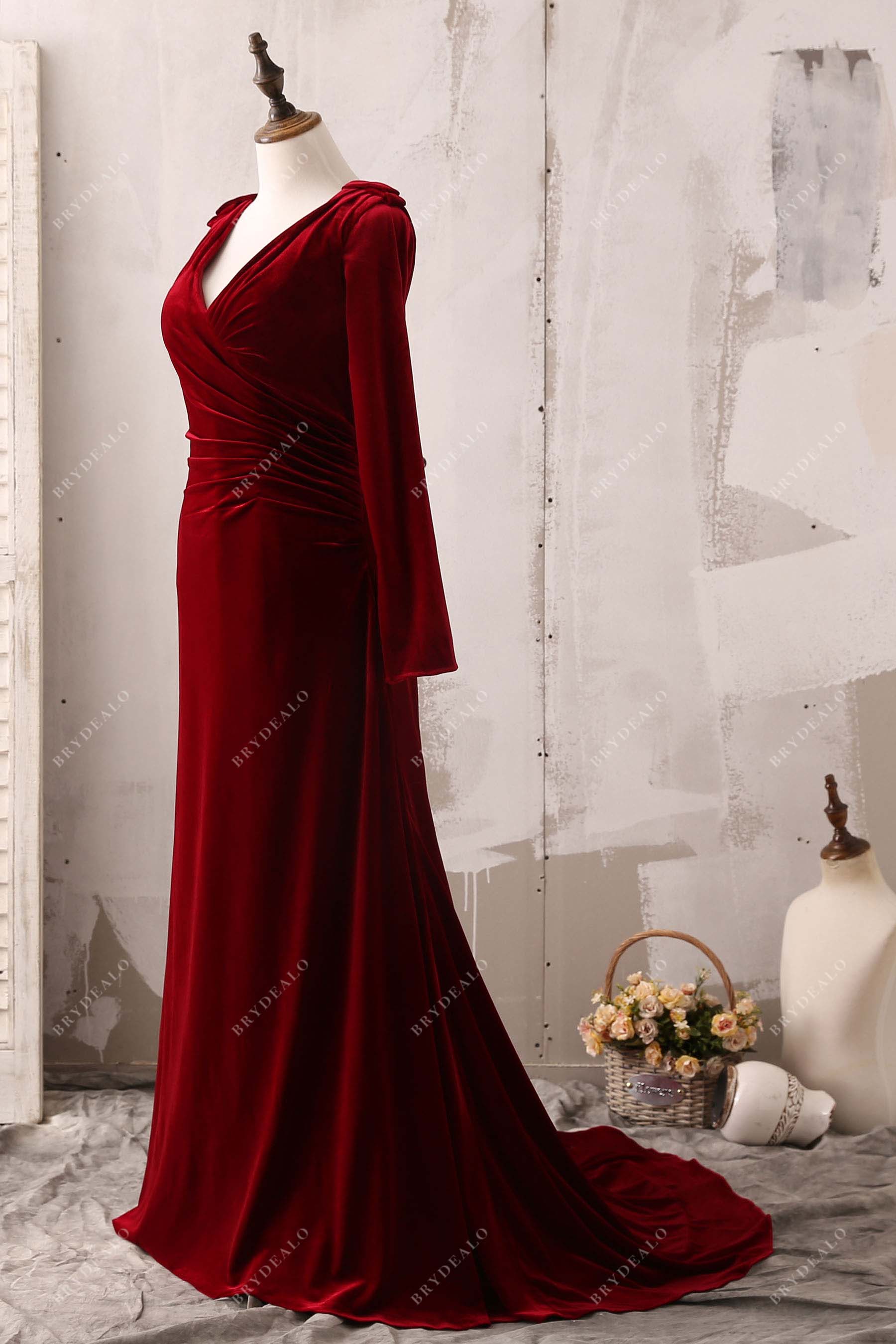 Luxury Red Velvet Long Sleeve Bridesmaid Dress