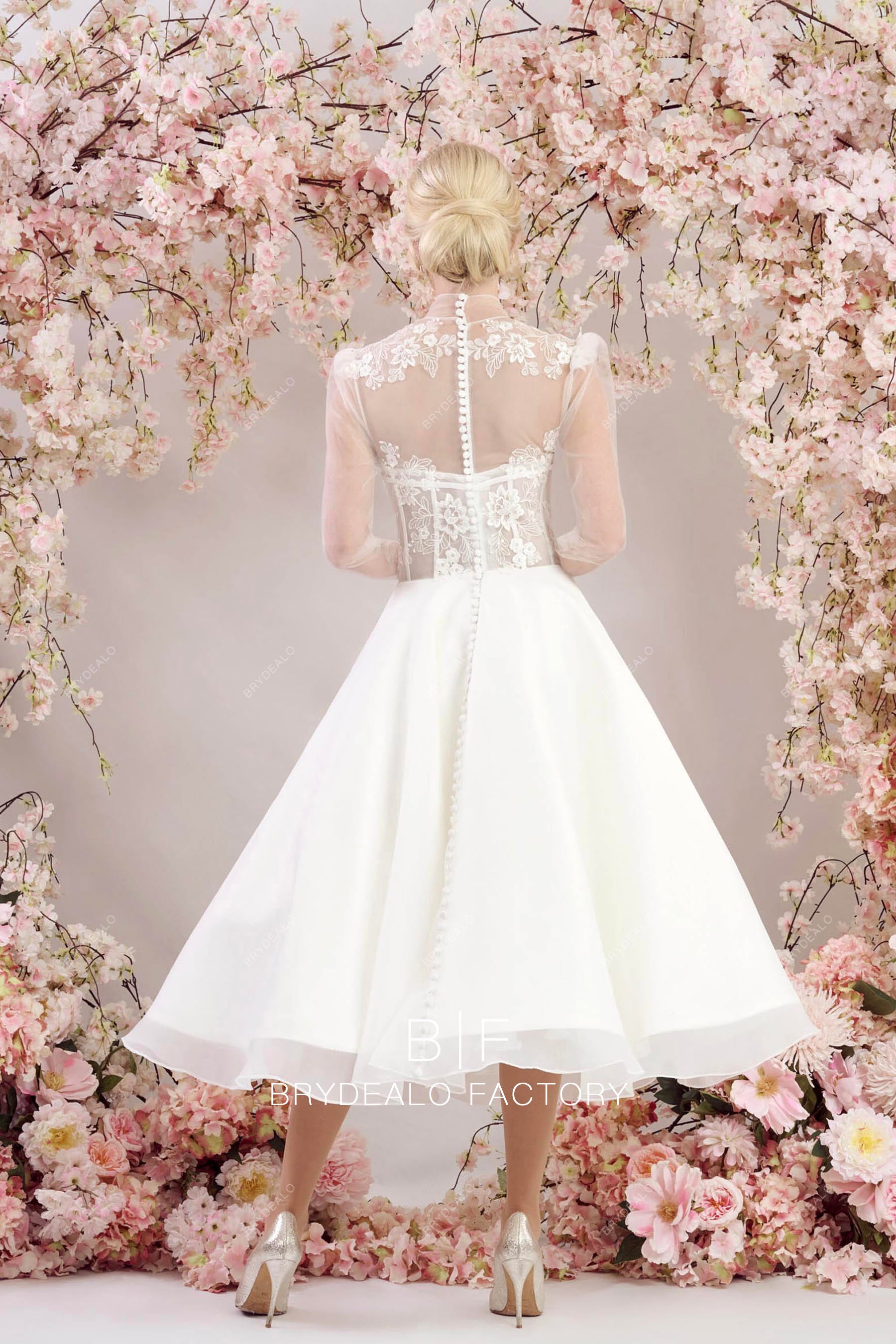 Vintage Sheer High Neck Buttoned Back Tea Length Wedding Dress