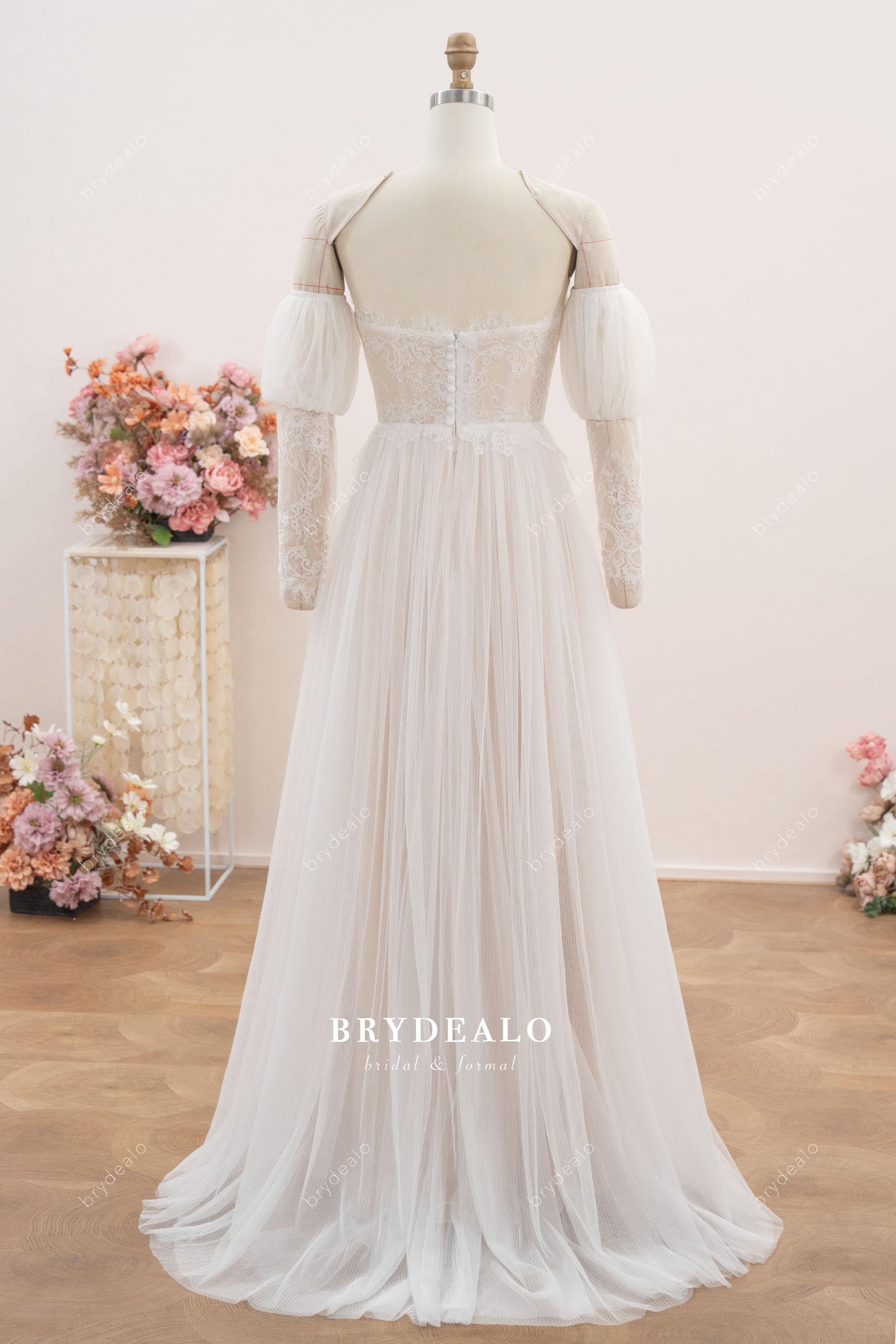 Boho Bubble Sleeve Basque Waist Lace Wedding Dress