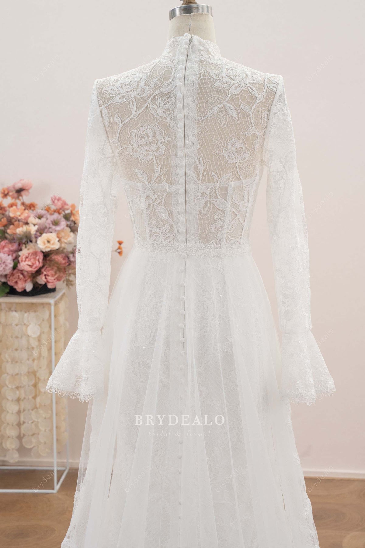 buttoned back bell sleeve wedding dress