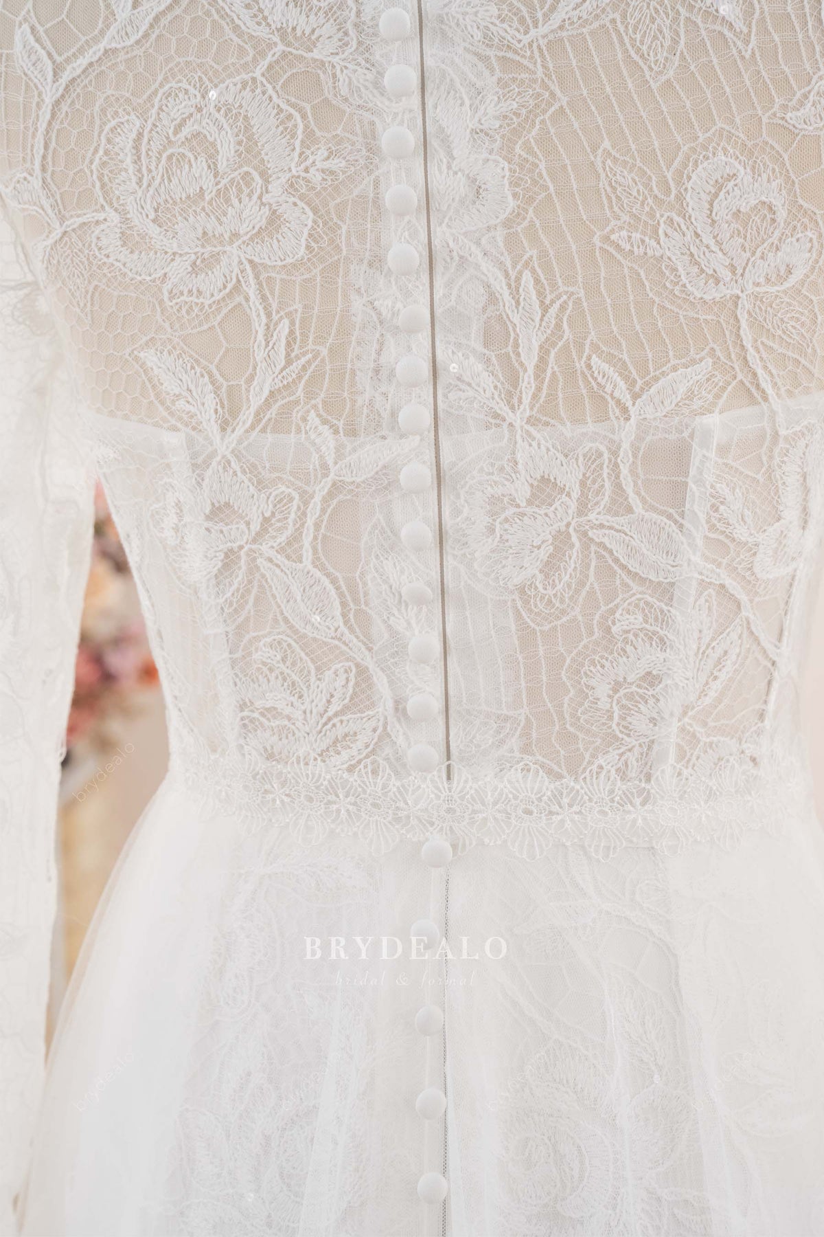 buttoned illusion rose lace back wedding dress