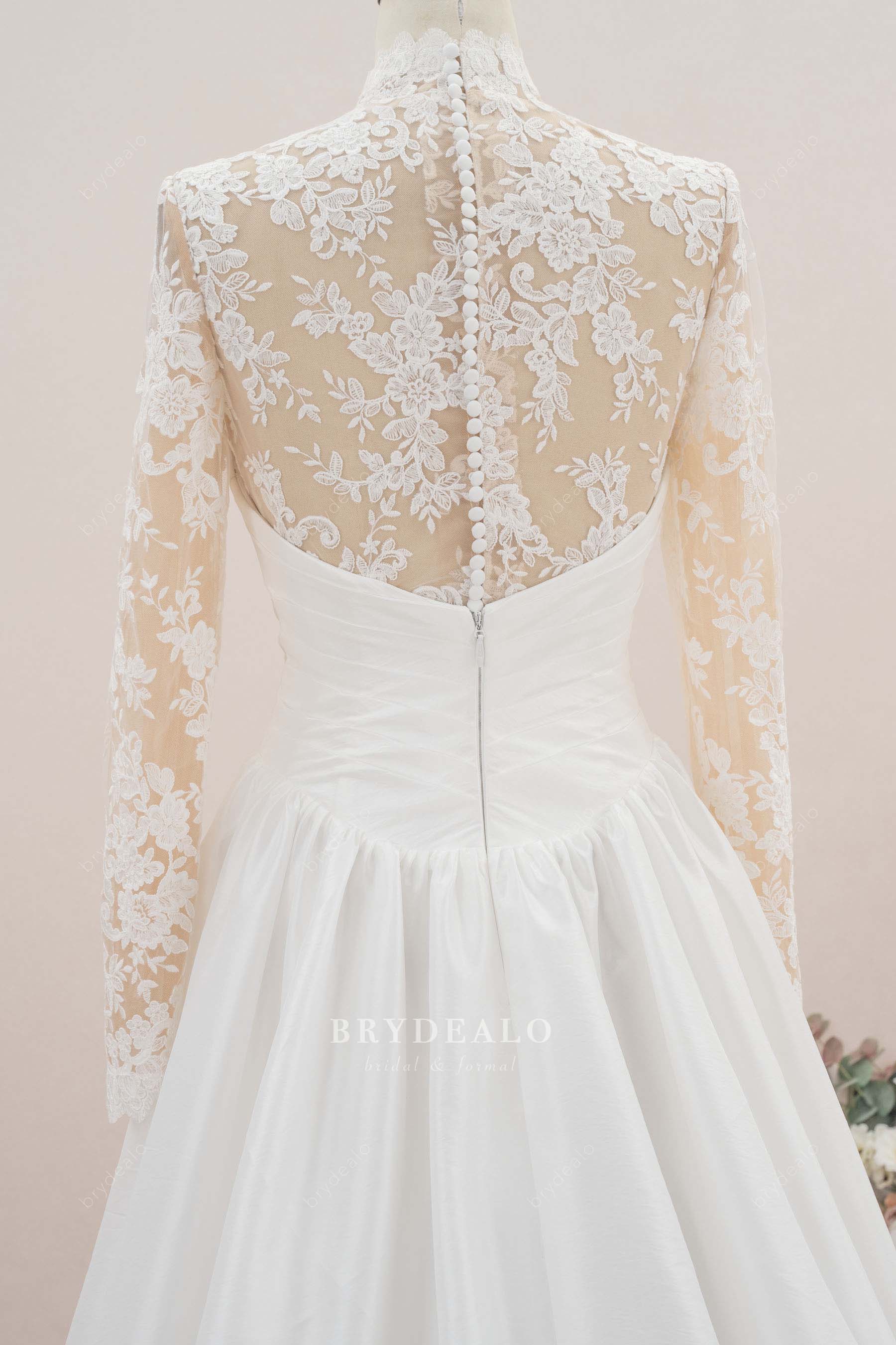 buttoned lace back satin wedding dress