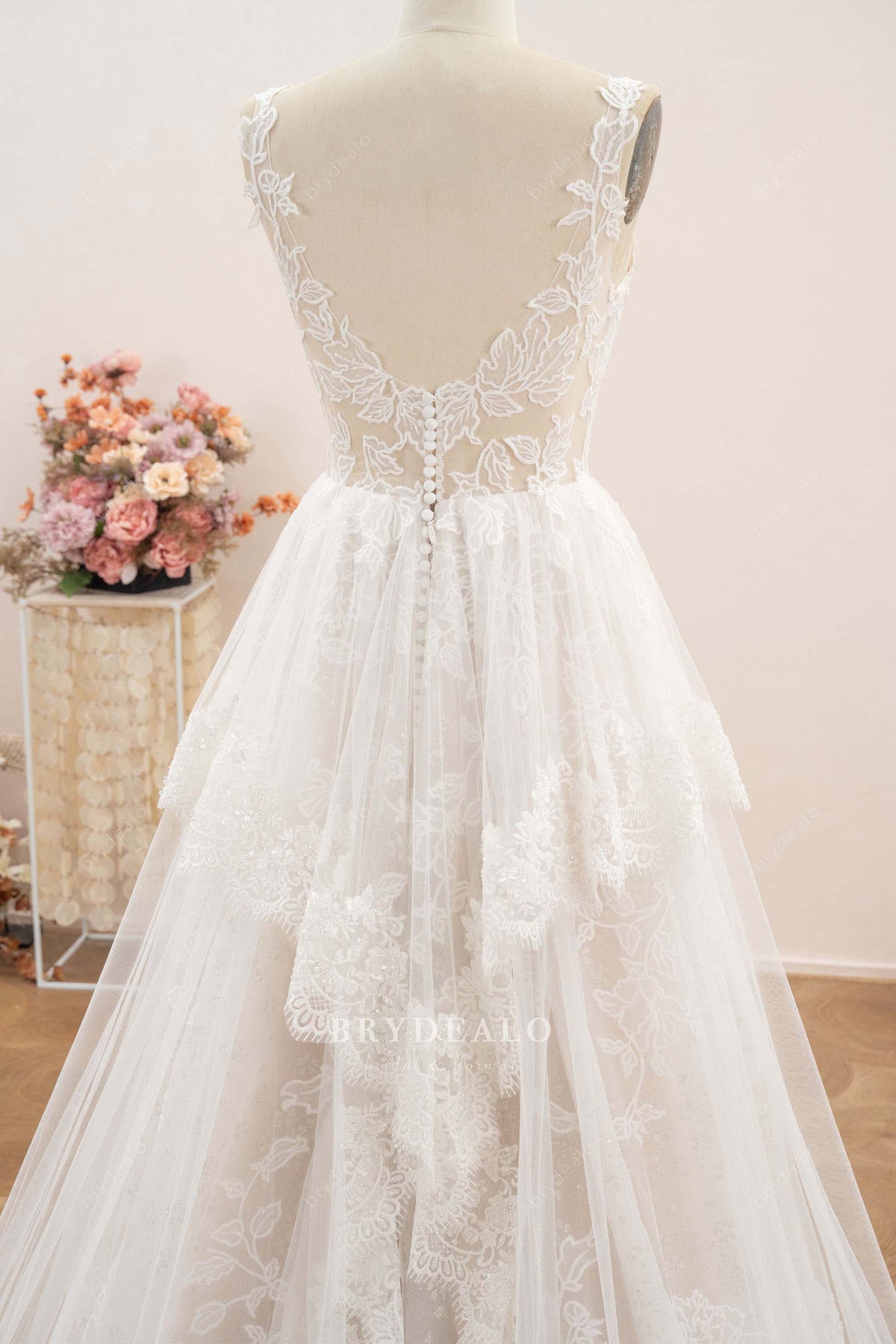 buttoned open back wedding dress