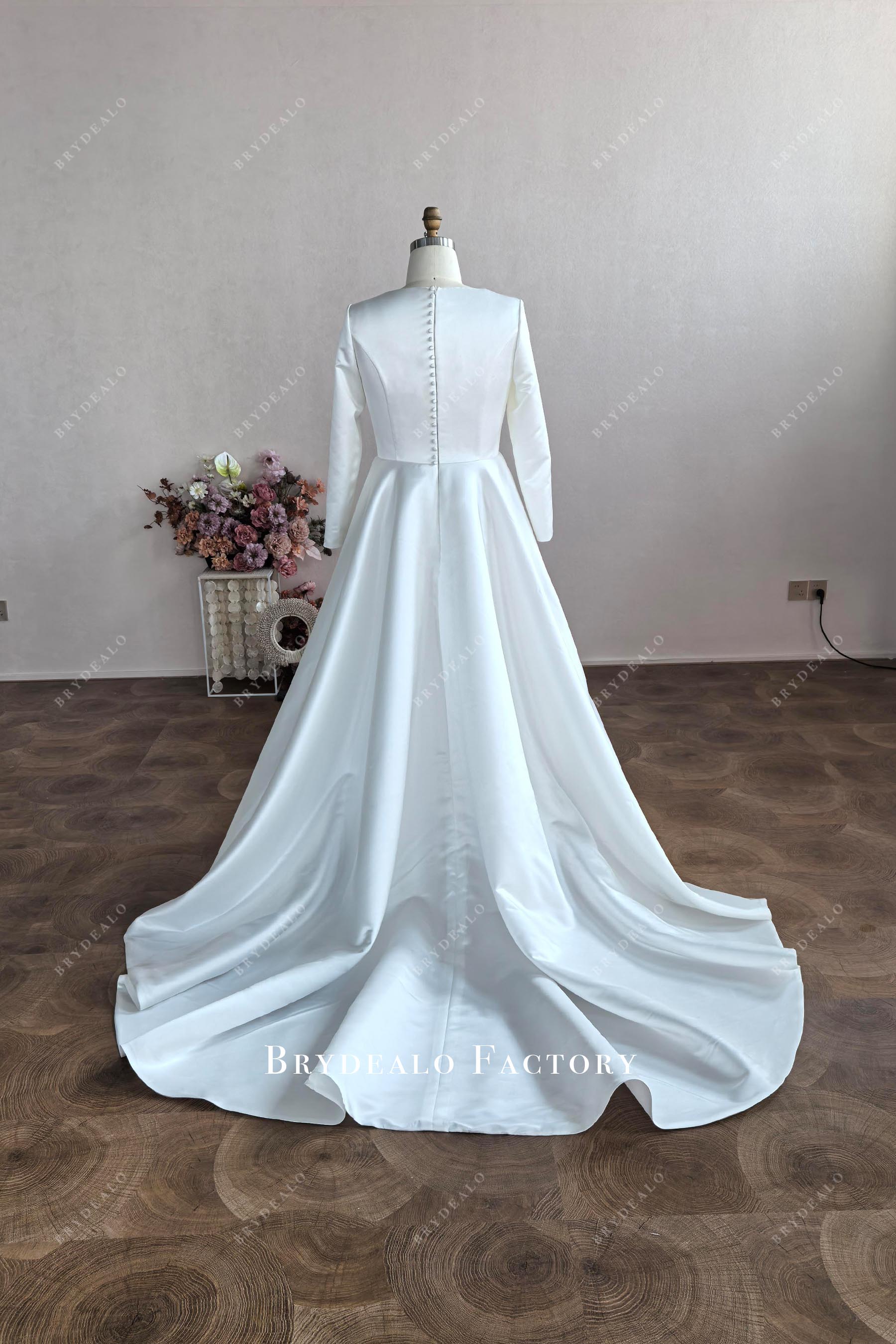 buttons back court train wedding dress