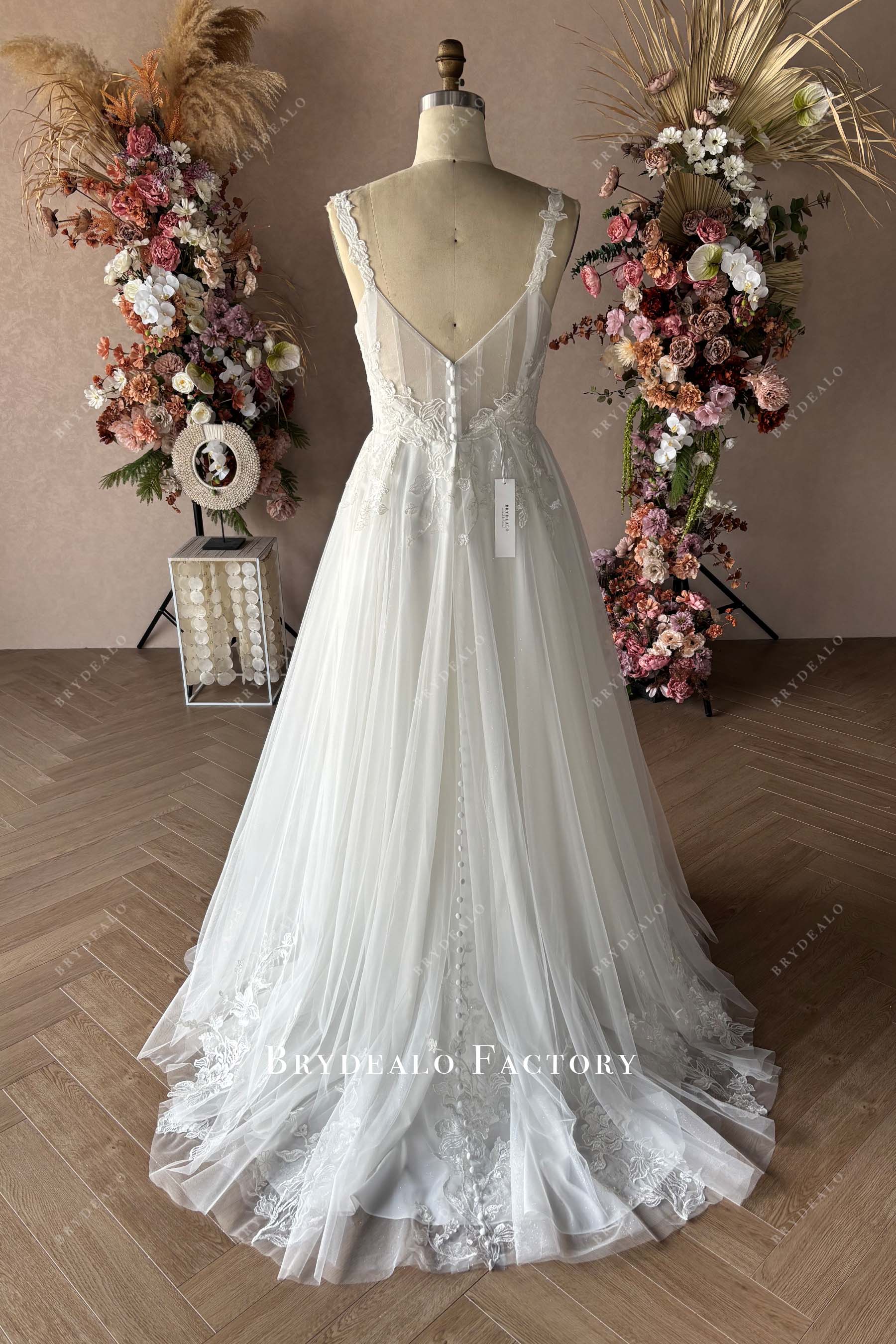 buttons court train elegant A-line wedding dress