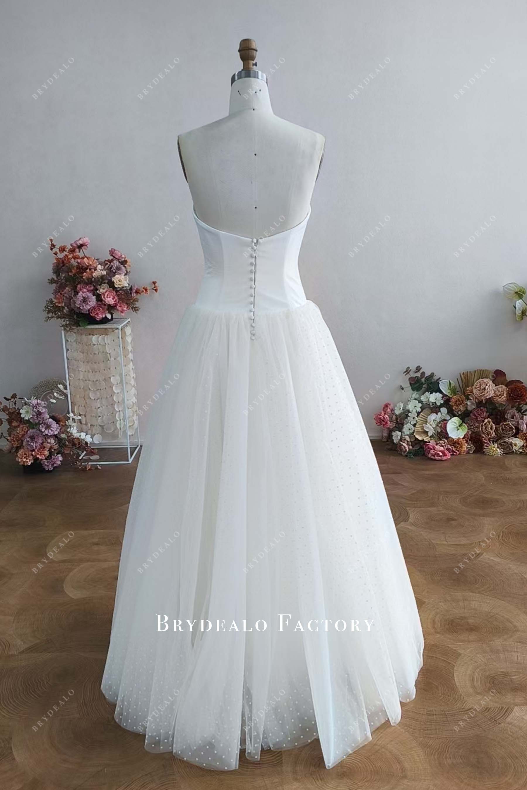 buttons open back floor length wedding dress