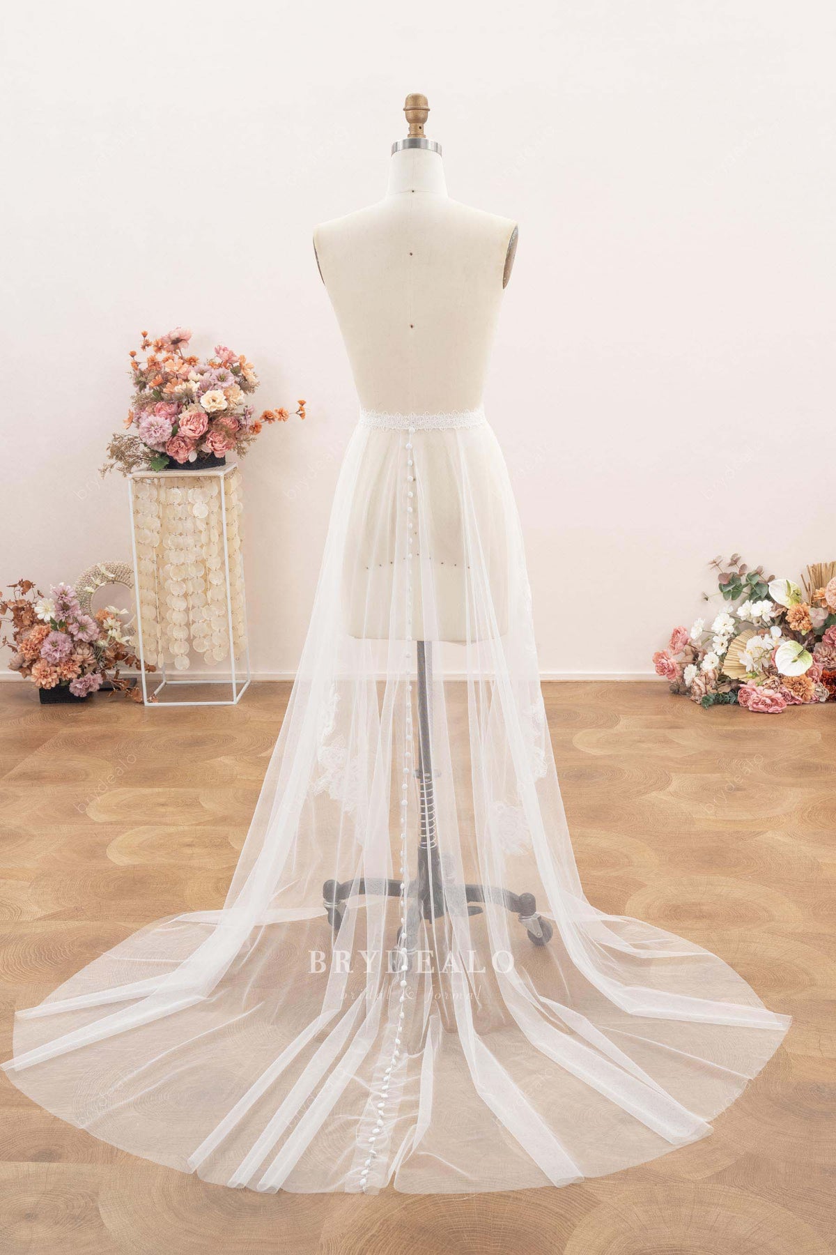 buttons tulle wedding dress overskirt