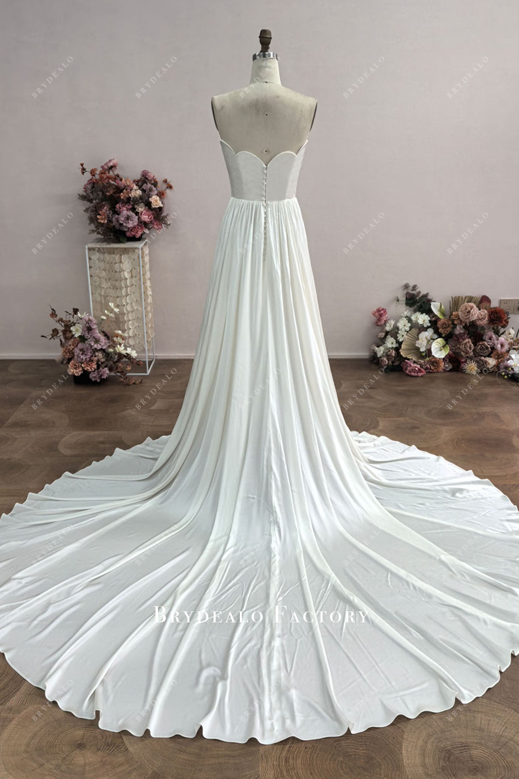 buttons up long trian strapless wedding dress
