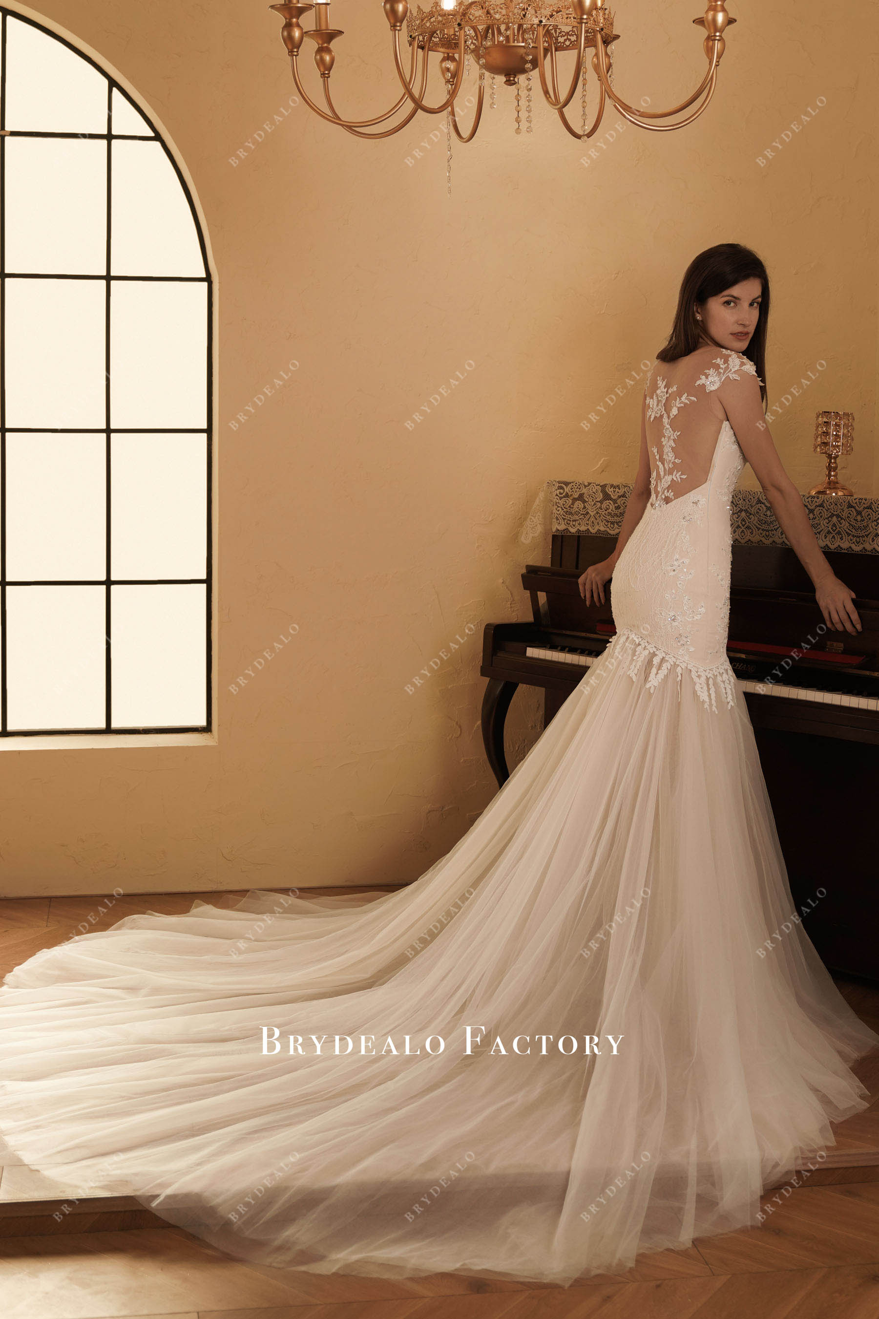 cap sleeve illusion back wedding dress