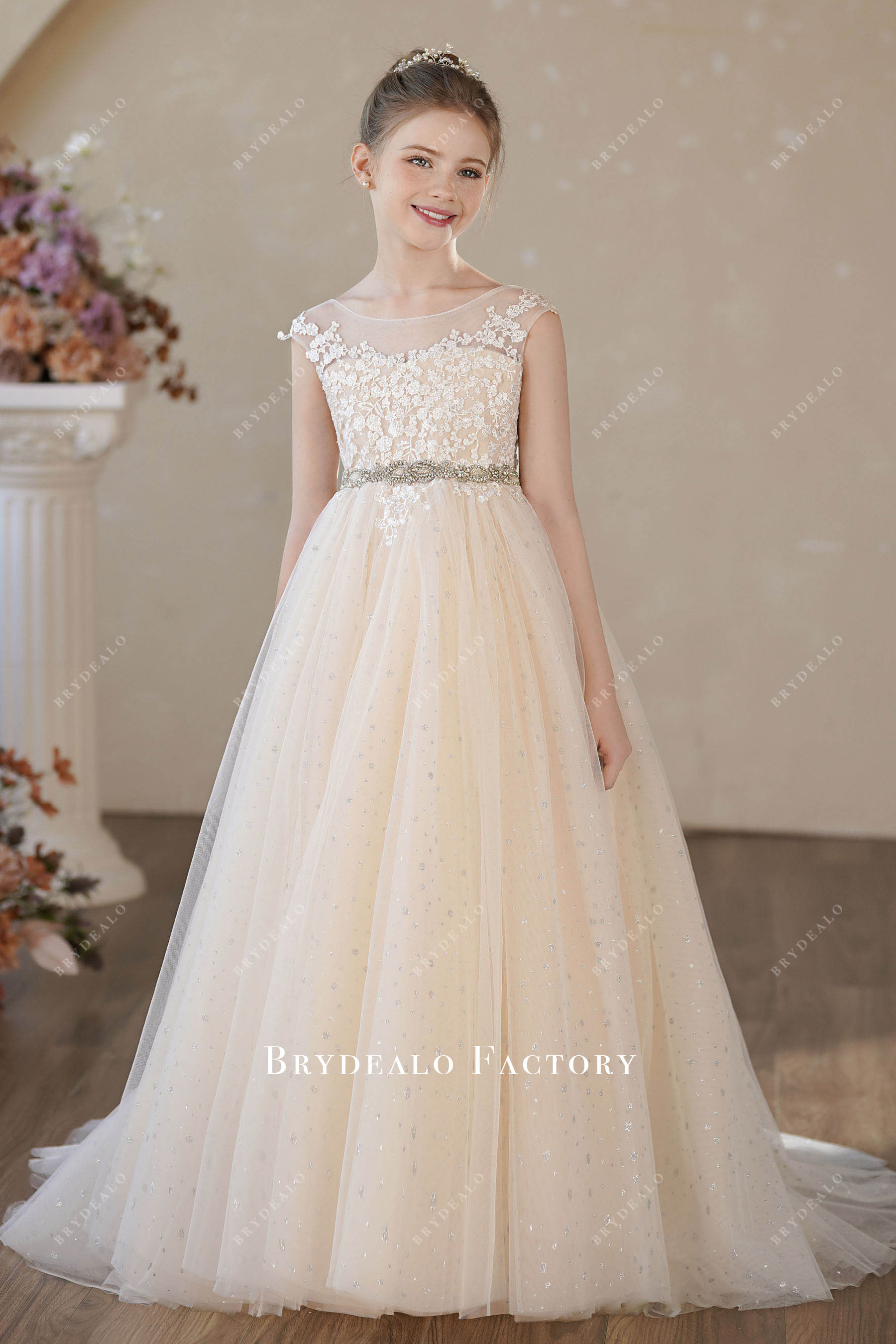 cap sleeve lace tulle flower girl dress