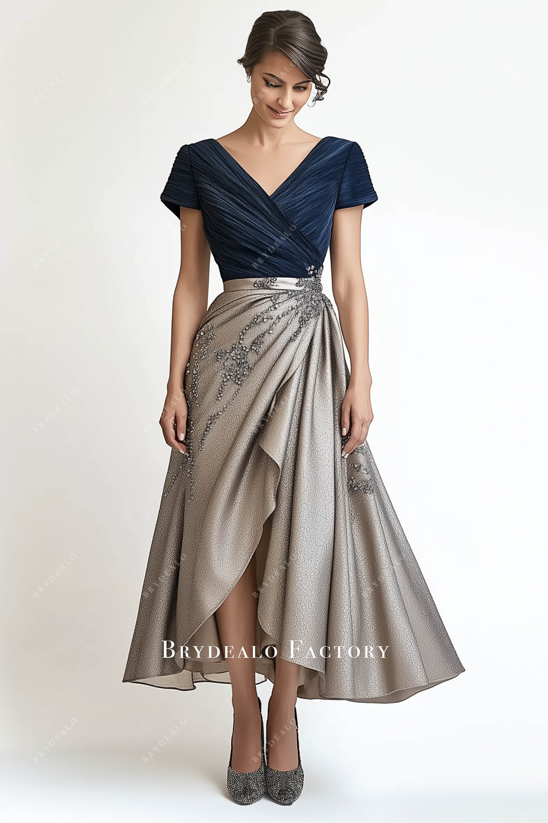 cap sleeve shimmery tea-length mother of bride dress