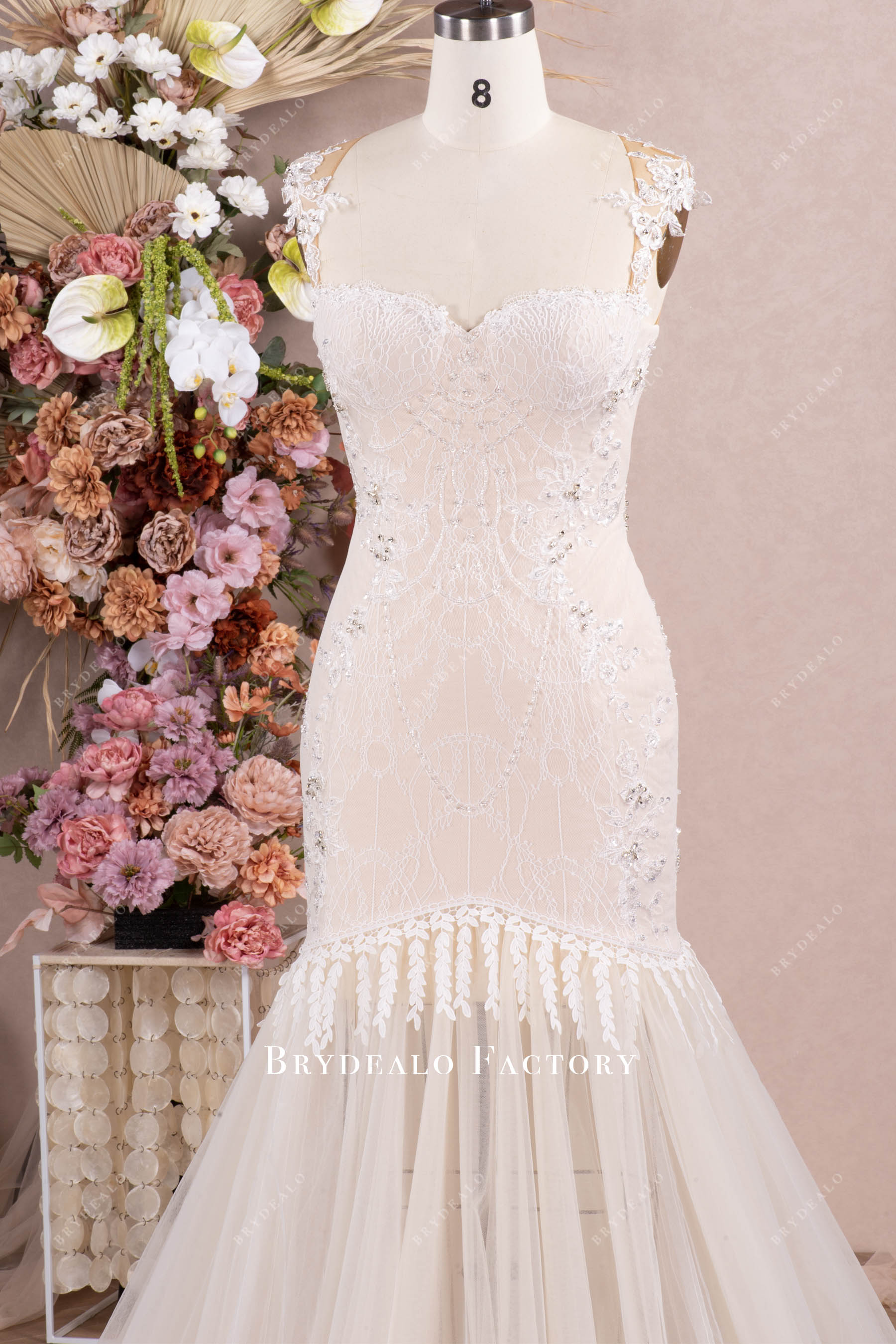 Champagne Illusion Back Beaded Lace Mermaid Wedding Dress