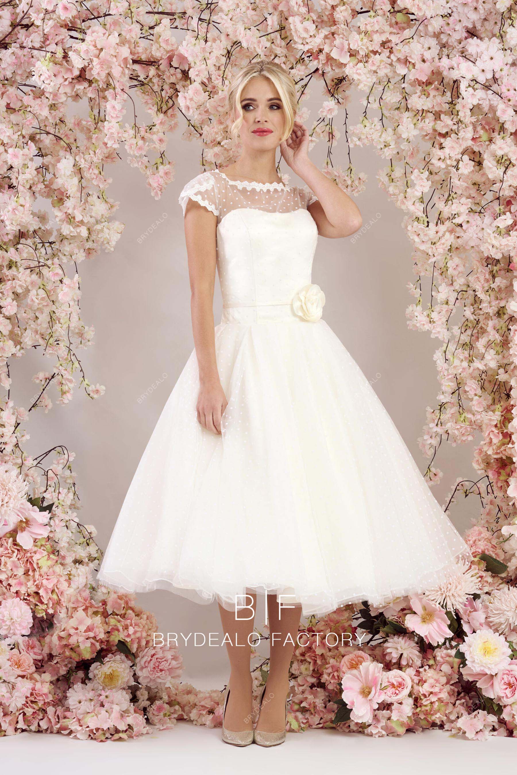 cap sleeves tea length bridal dress