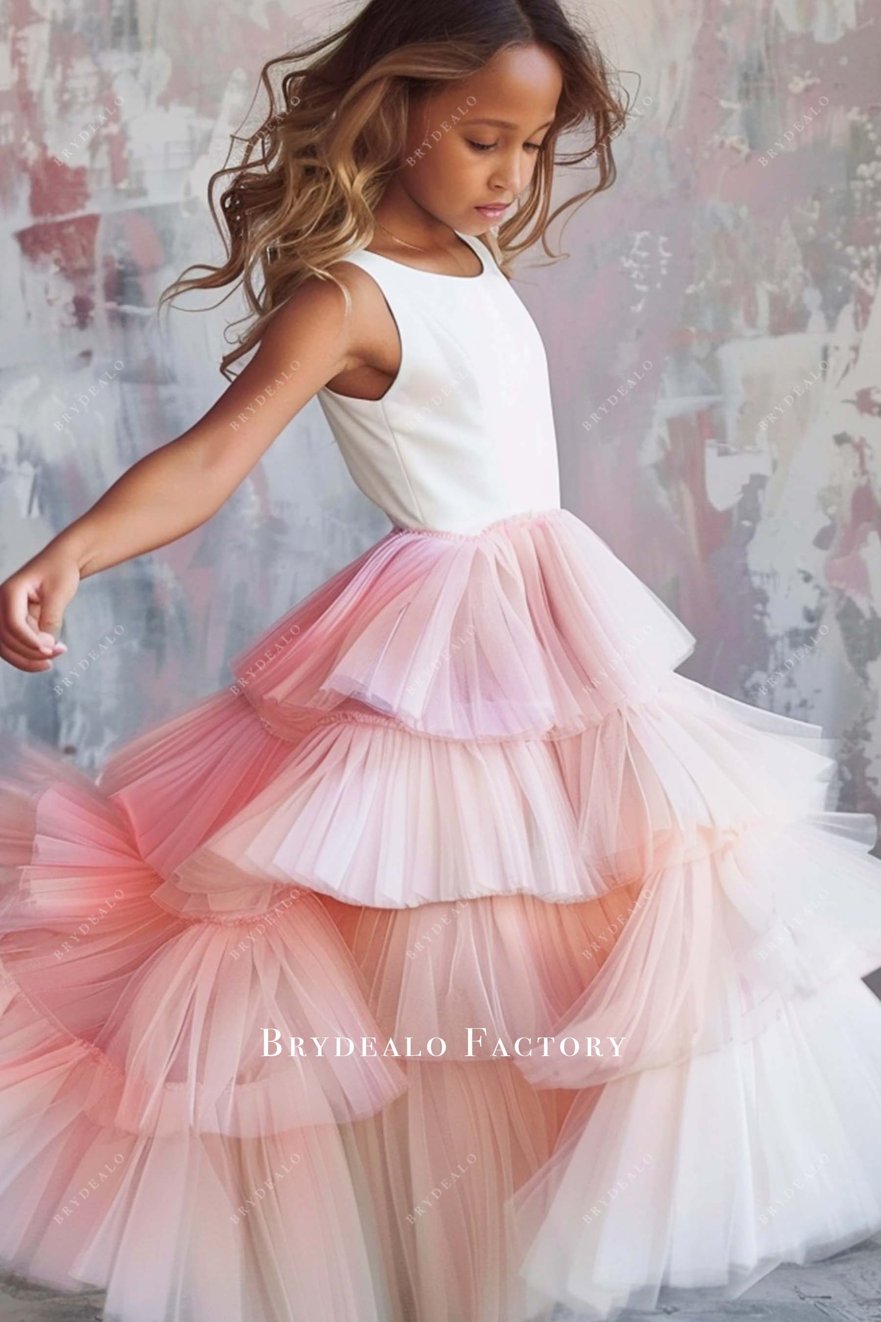 Multi Color Tulle Tiered Ruffles Ball Gown Flower Girl Dress