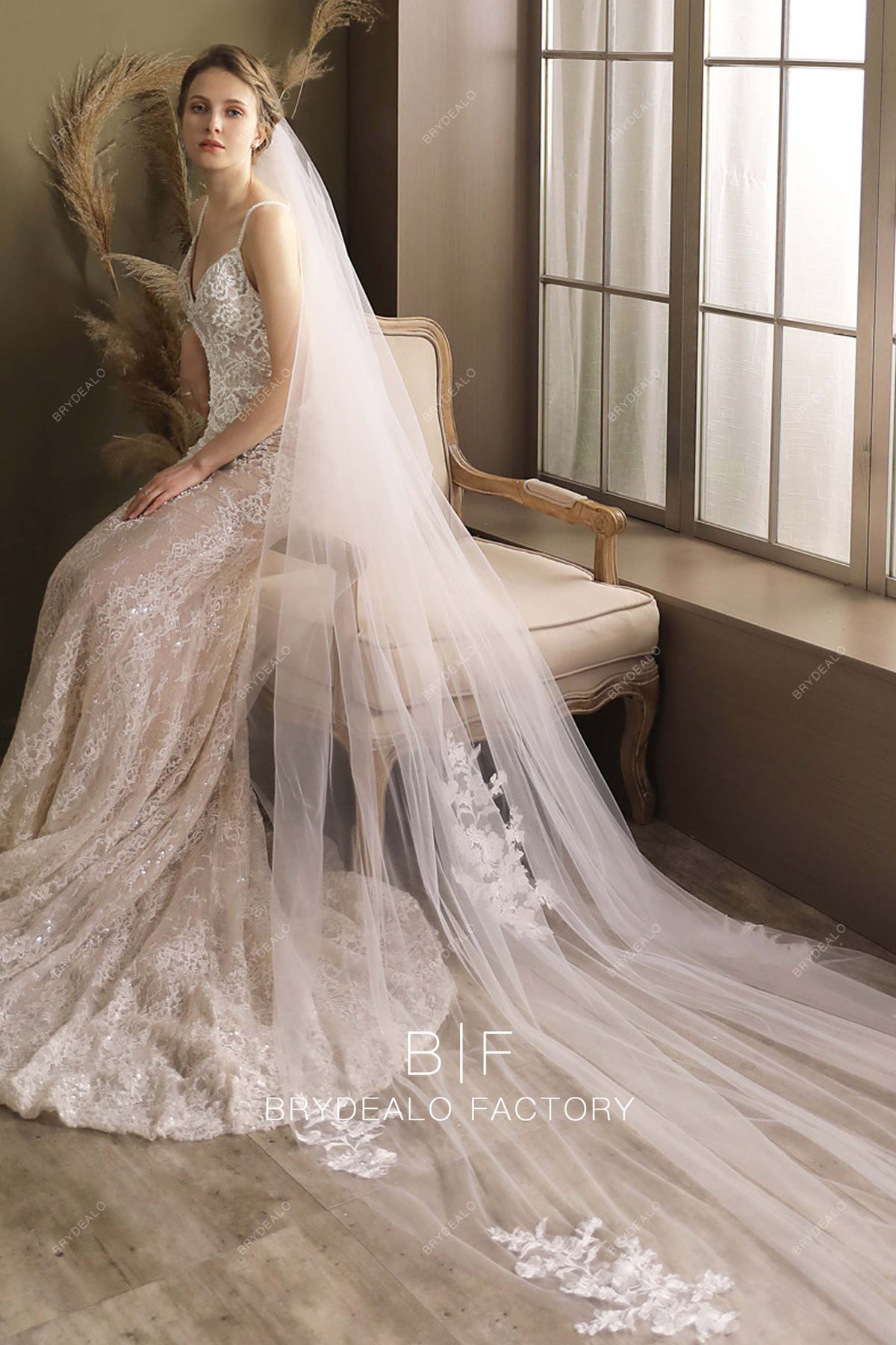 2 Layer Cathedral Wedding Veil 3m Long Lace Bridal Veil with Comb Elegant White Bridal Accessory