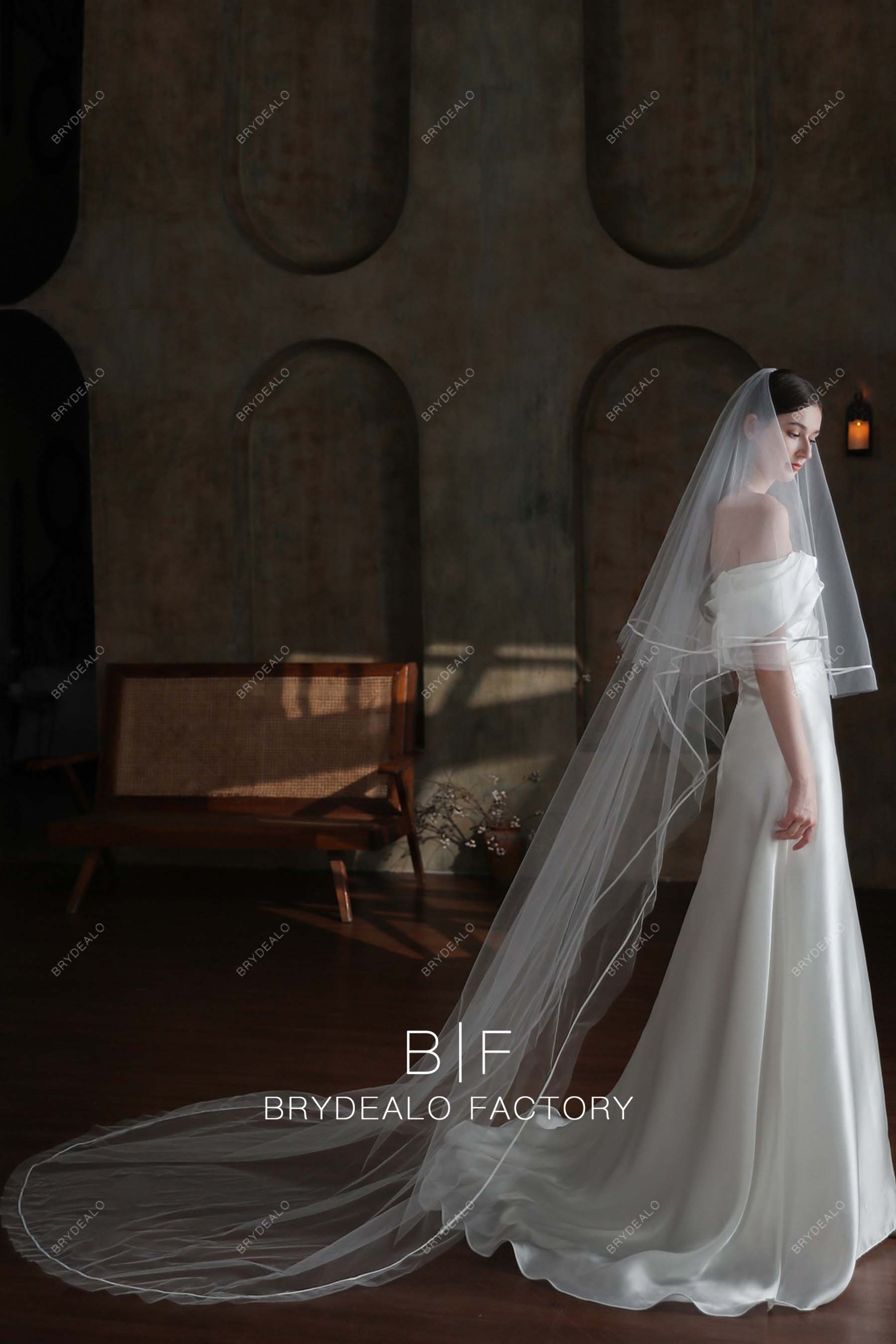 VeroBride 2-Tier Satin Ribbon Wedding Veil Light Ivory (in The Photos) / Grand Royal - 150/30 Inches