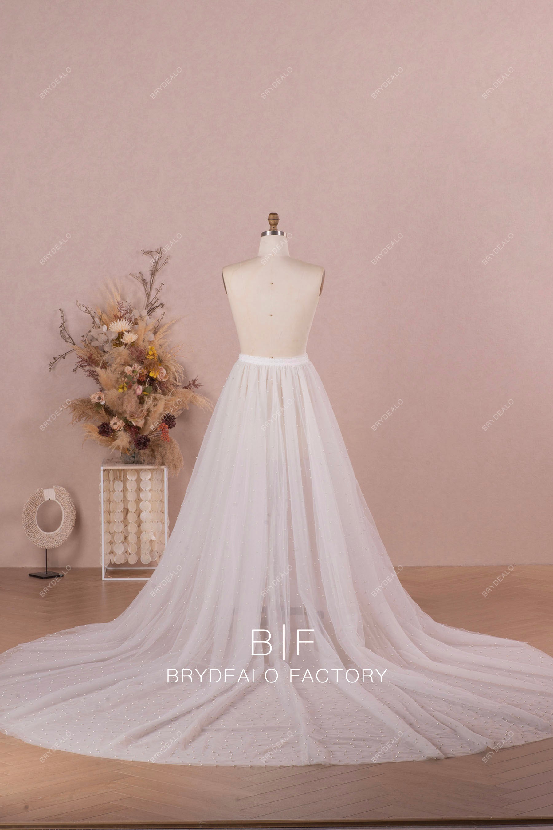 cathedral length shimmery pearl bridal overskirt