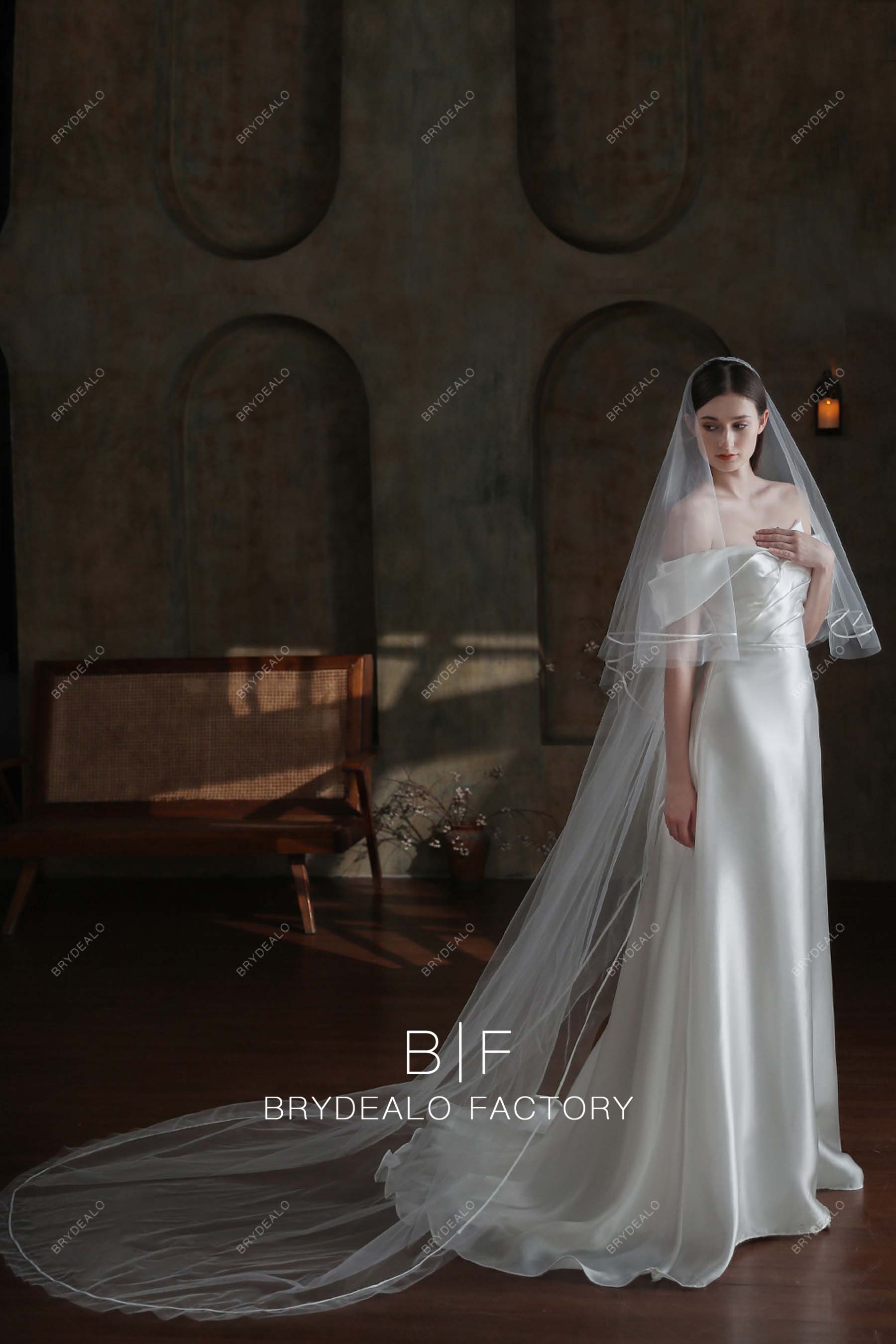 Two Tiered Satin Ribbon Wholesale Long Bridal Veil