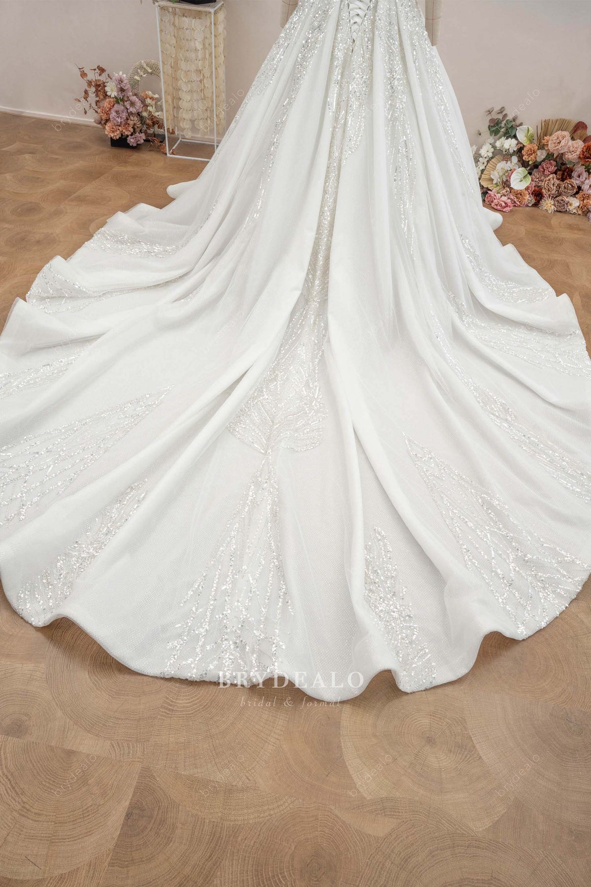 cathedral train sparkly wedding dress