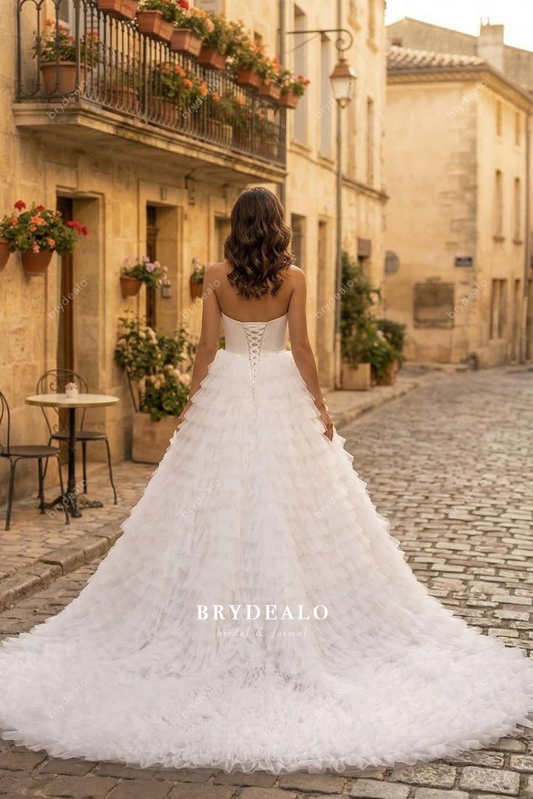 cathedral train tiered wedding ballgown