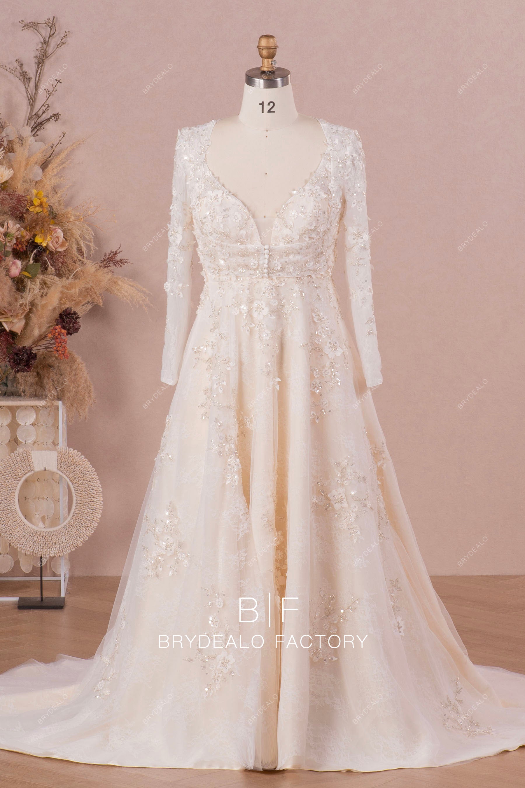 champagne 3D flower lace wedding dress with jacket
