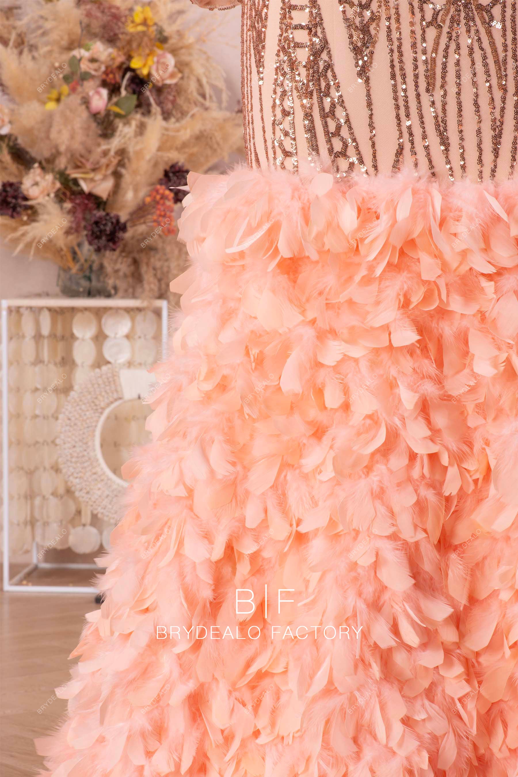 champagne feather prom dress