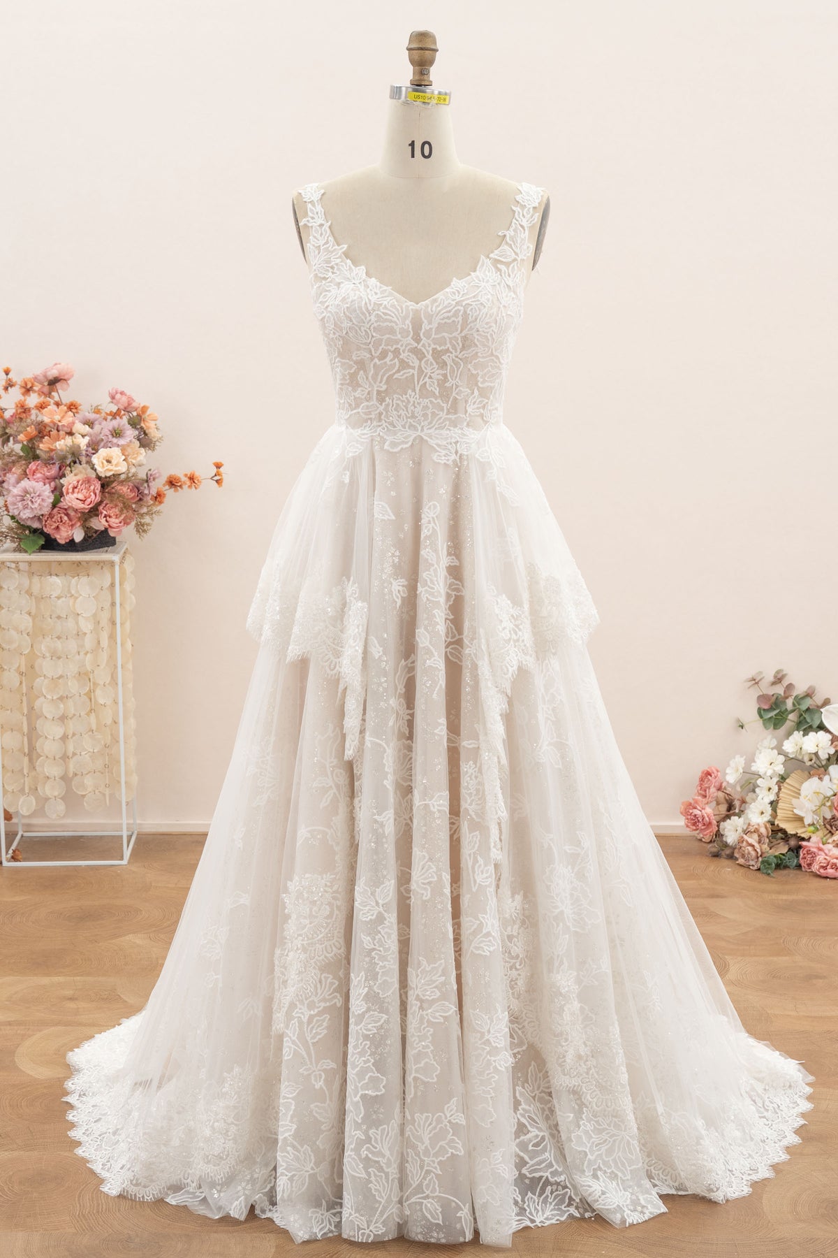 champagne scalloped lace wedding dress